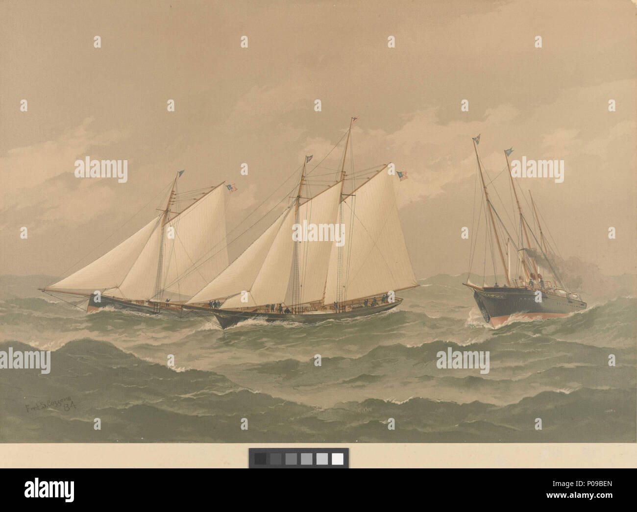 . Englisch: Amerikanische Yachten Platte IX. Aus Soundings - ein rauchiges sou'wester Beduinen, Intrepid, Namouna Label auf der Rückseite beschriftet Artist's Proof Nr. 99. . 1884. Cozzens, Frederic S (Künstler); Scribner's, Charles und Söhne (Herausgeber); Sir W. G. Armstrong Whitworth und Co. Ltd (Drucker) 283 Amerikanische Yachten Platte IX. Aus Soundings - ein rauchiges sou'wester Beduinen, Intrepid, Namouna RMG-PY 8795 Stockfoto