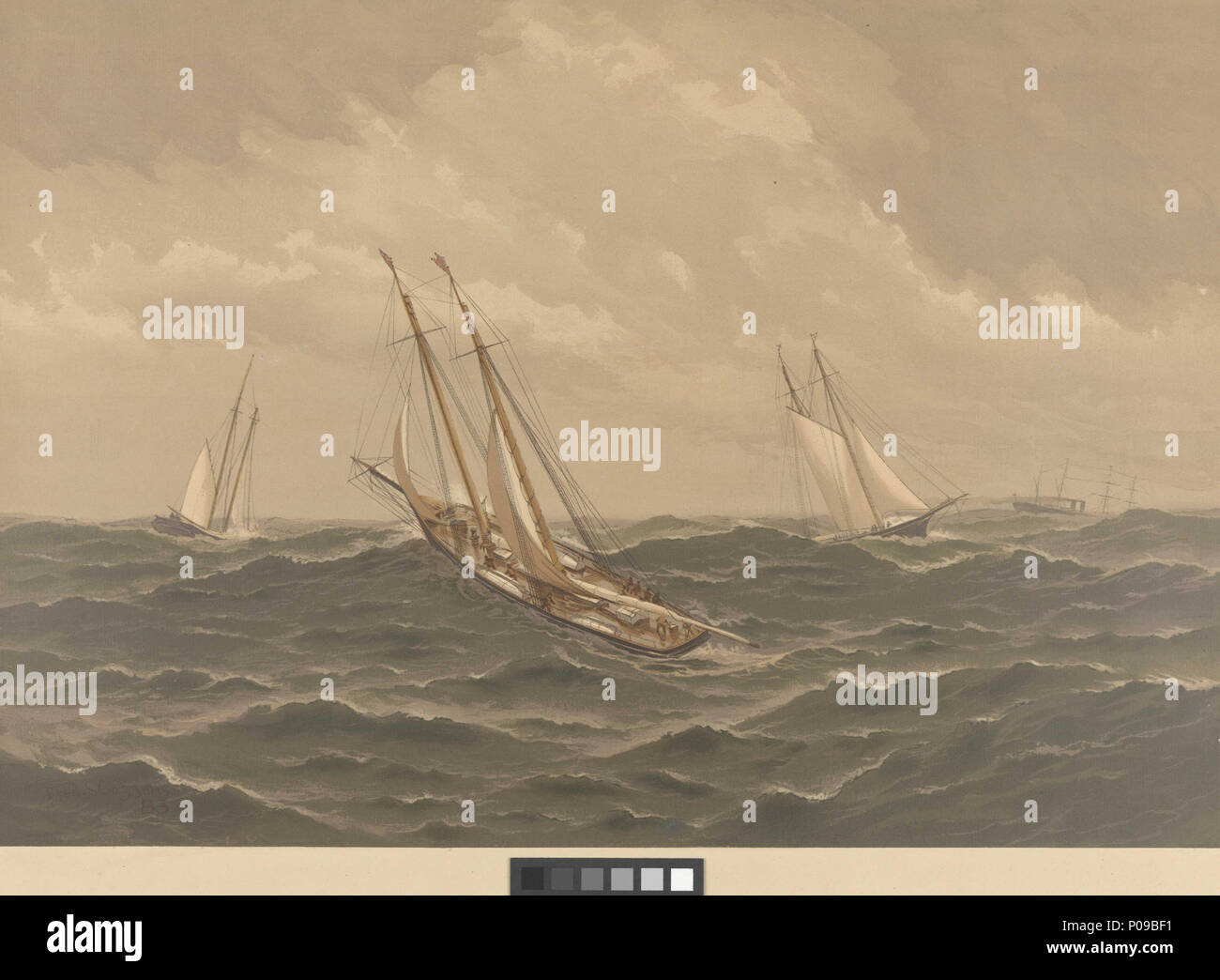 . Englisch: Amerikanische Yachten Platte XV. Liegend - auf aus George's Banken. Norseman und Atalanta Label auf der Rückseite beschriftet Artist's Proof Nr. 99. . 1884. Cozzens, Frederic S (Künstler); Scribner's, Charles und Söhne (Herausgeber); Sir W. G. Armstrong Whitworth und Co. Ltd (Drucker) 283 Amerikanische Yachten Platte XV. Liegend - auf aus George's Banken. Norseman und Atalanta RMG-PY8790 Stockfoto