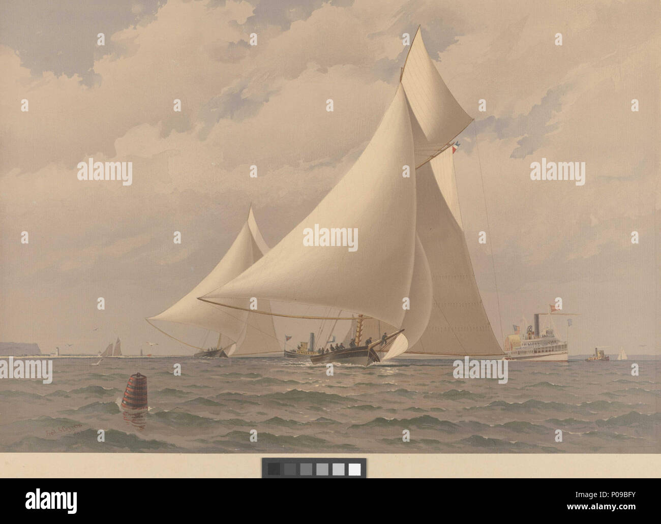 . Englisch: Amerikanische Yachten Platte XX. Für den America's Cup-1881 - Der Anfang. Atalanta Unfug Label auf der Rückseite beschriftet Artist's Proof Nr. 99. . 1884. Cozzens, Frederic S (Künstler); Scribner's, Charles und Söhne (Herausgeber); Sir W. G. Armstrong Whitworth und Co. Ltd (Drucker) 283 Amerikanische Yachten Platte XX. Für den America's Cup-1881 - Der Anfang. Atalanta Unfug RMG-PY 8788 Stockfoto