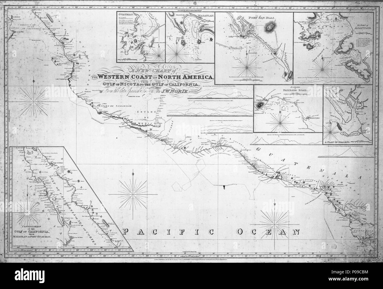 . Englisch: Ein neues Diagramm an der Westküste von Nordamerika. Vom Golf von Nicova an den Golf von Kalifornien. Maßstab: ca. 1:2.750.000. Blau - gesichert, Bettwäsche Chart mit sieben Einsätze und fünf Ansichten umrandet. Anschluss der Spanischen Korvetten und Descumbierta Atrevida 1791. Längengrad westlich von Greenwich. Längengrad westlich von Cadiz. Einsätze: 1. Guaymas ca. 1 : 75.000 (bar); 2. Mazatlan ca. 1:30.000 (bar); 3. Hafen San Blas ca. 1 : 27.000 (bar); 4. Der Hafen von Acapulco ca. 1:50.000 (bar); 5. Acamama oder palizada Straße ca. 1:240.000 (bar); 6. Ein Plan der Realjo ca. 1 : 75.000 (bar); 7. Fortsetzung der Stockfoto