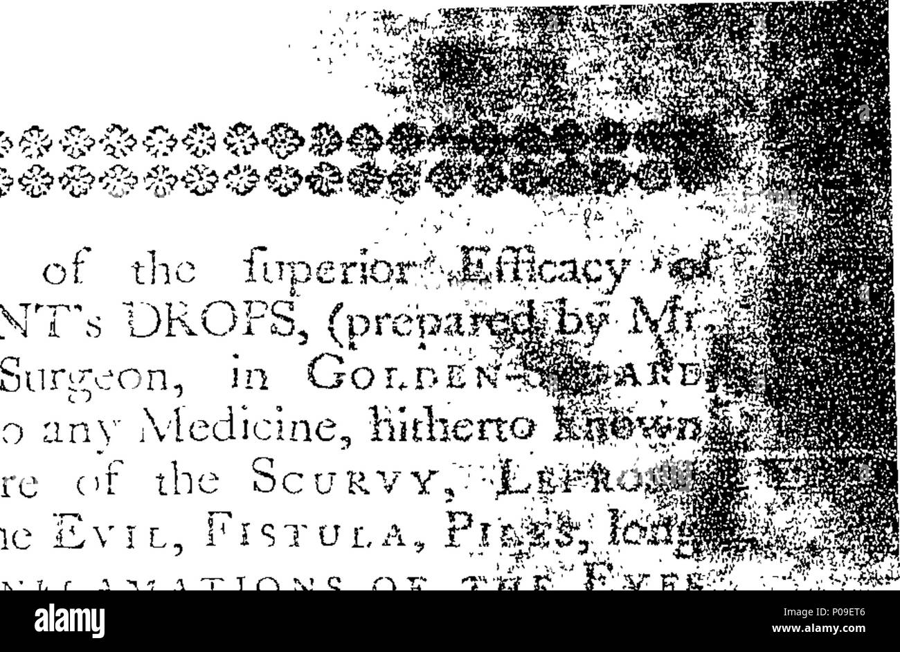 . Englisch: Fleuron aus Buch: Ein Konto von bemerkenswerten Heilungen, die durch den Einsatz von Maredant's Antiscorbutic Tropfen, von John Norton, Chirurgen, Golden-Square, London, aufgestellt und durchgeführt. 288 Einen Überblick über die bemerkenswerte Heilungen, durchgeführt durch die Verwendung von Maredant's Antiscorbutic Tropfen, vorbereitet von John Norton, Chirurgen, Golden-Square, London Fleuron T 150533-1 Stockfoto