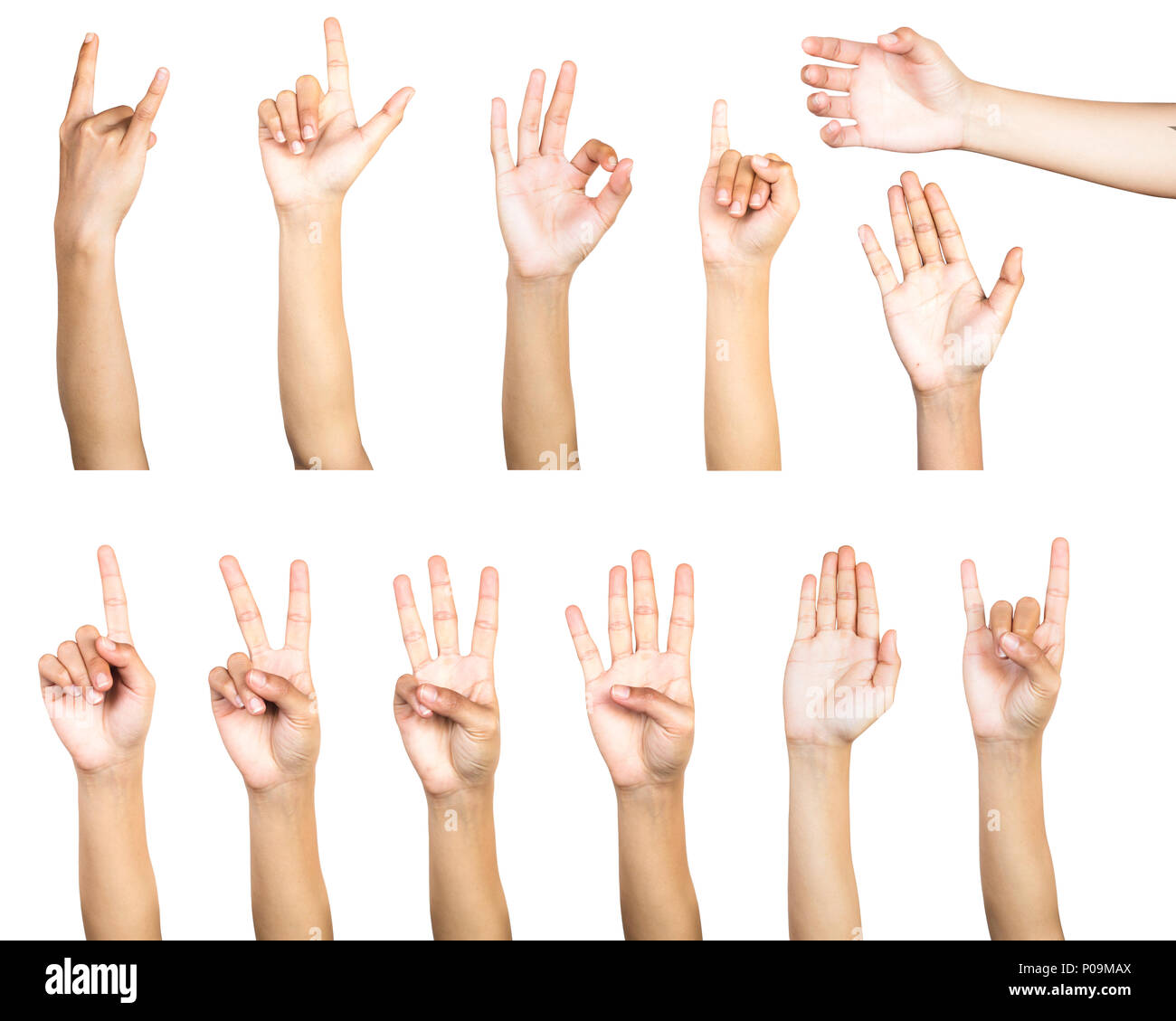 Beschneidungspfad von mehreren weiblichen Geste auf weißem Hintergrund. Die Isolation der Hände zählen Gestik, die Zahl oder ein Symbol auf weißem Hintergrund. Stockfoto