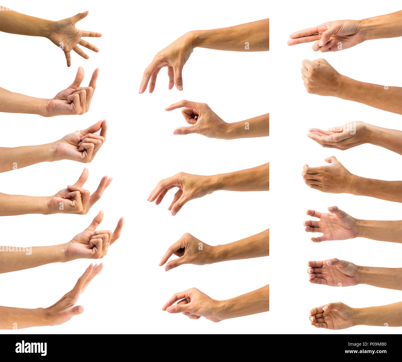 Beschneidungspfad von mehreren männlichen Geste auf weißem Hintergrund. Isolierung von Händen gestikulierend oder Symbol auf weißem Hintergrund. Stockfoto