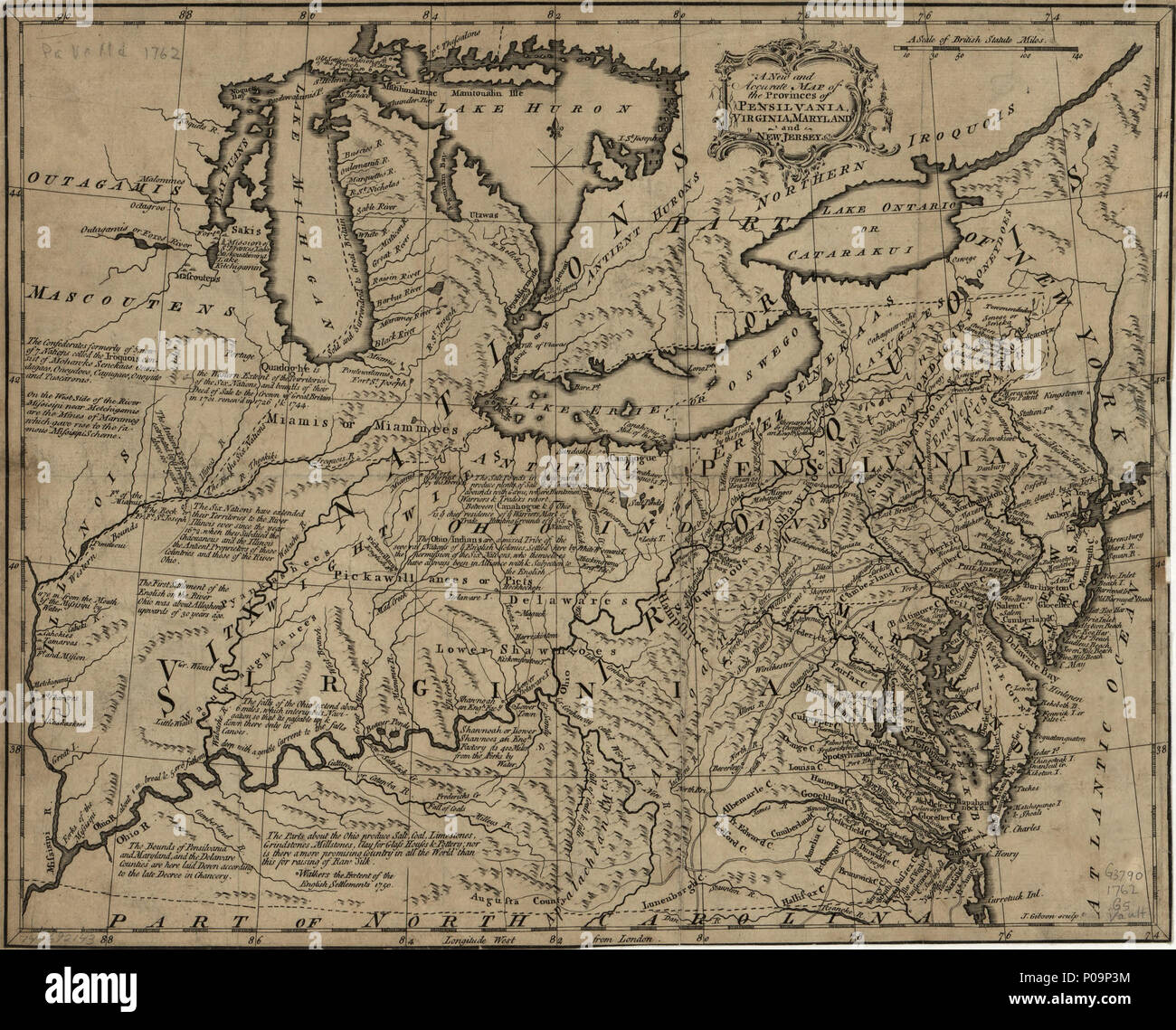 . Englisch: skalieren kann. 1: 4.000.000. Relief bildlich dargestellt. Von der Amerikanischen gazetteer. v. 3. Enthalten beschreibende Anmerkungen. Auch verfügbar in der Bibliothek des Kongresses Website als Rasterbild. Vault AACR2. Eine neue und genaue Karte der Provinzen Pensilvania, Virginia, Maryland und New Jersey. 1762. Gibson, J. (John); Millar, Andrew; Gibson, J. 138 eine neue und genaue Karte der Provinzen Pensilvania, Virginia, Maryland und New Jersey. LOC 74692143 Stockfoto