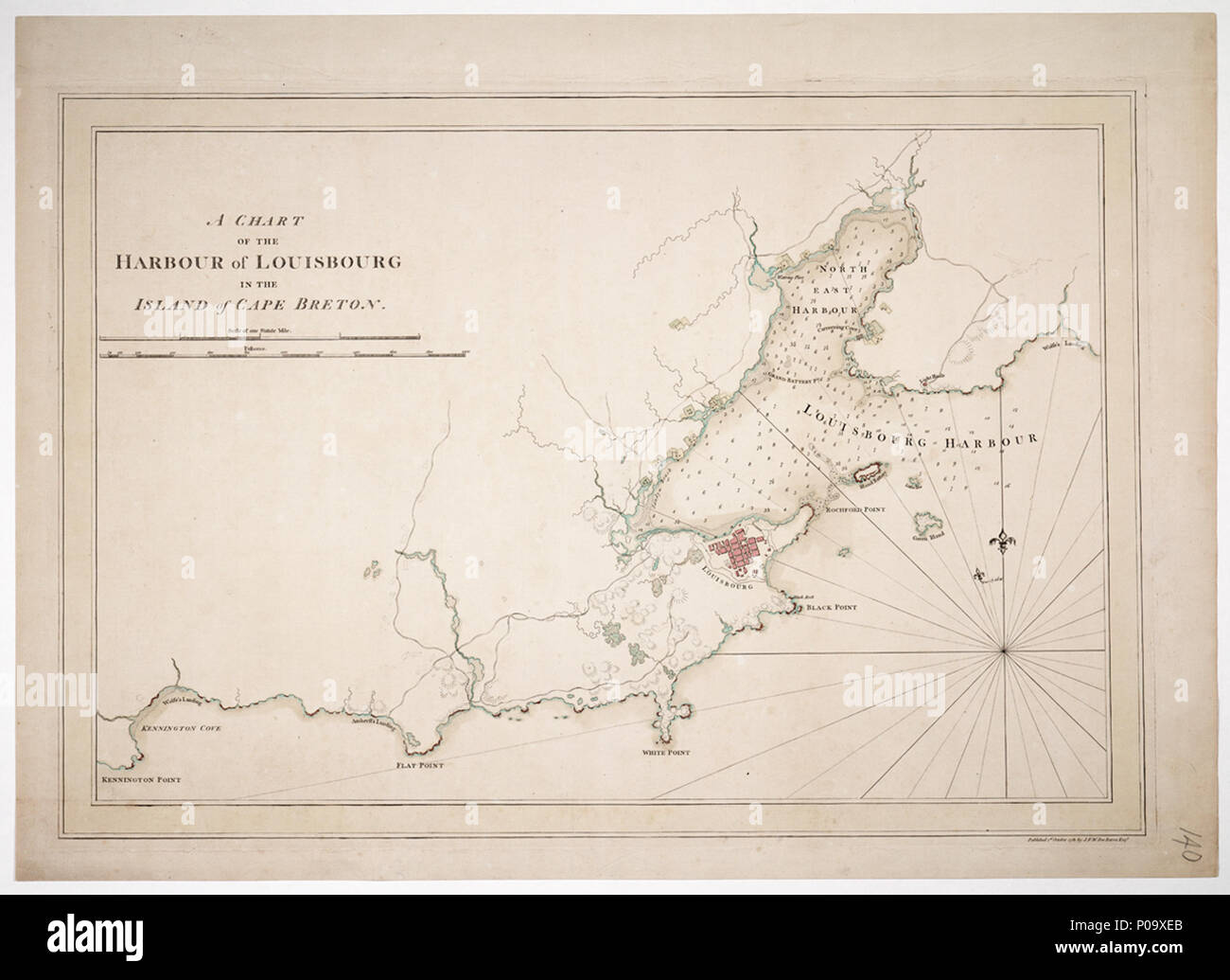 . Englisch: ein Diagramm auf den Hafen von Louisbourg auf der Insel Cape Breton. Blatt. Eingraviert. Maßstab: 1:7 500 (bar). Kartografische Hinweis: Variation dargestellt 17 Grad 30' W. Ungraduiert. Bar Skalen der eine Satzung Meile und klafter. Inhalt Hinweis: Zeigt Straßen, Gebäuden, Grenzen und Befestigungsanlagen. Einige Siedlungen und Befestigungsanlagen sind nur leicht eingraviert. Es ist ein Beispiel für dieses Diagramm in der Sammlung. Impressum 1. Oktober 1781. Hügel hachured, Feuchtgebiete gekennzeichnet. Bates gedruckt auf Papier. Grenze gelb, Stadt rot, Siedlungen grün; Küste in Blau mit blasser Waschen auf dem Meer. Stockfoto
