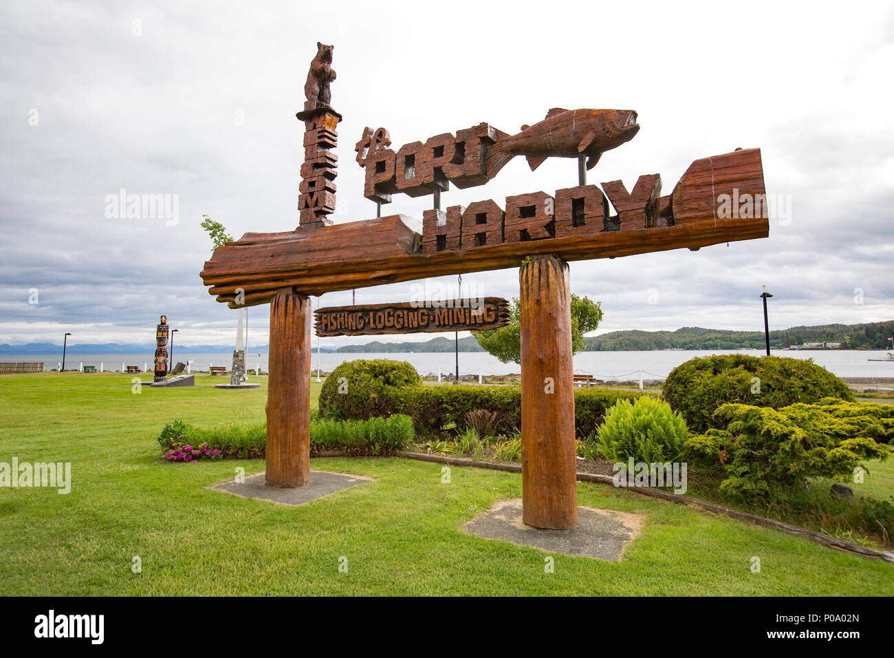 Port Hardy Zeichen, Vancouver Island, British Columbia, Kanada Stockfoto