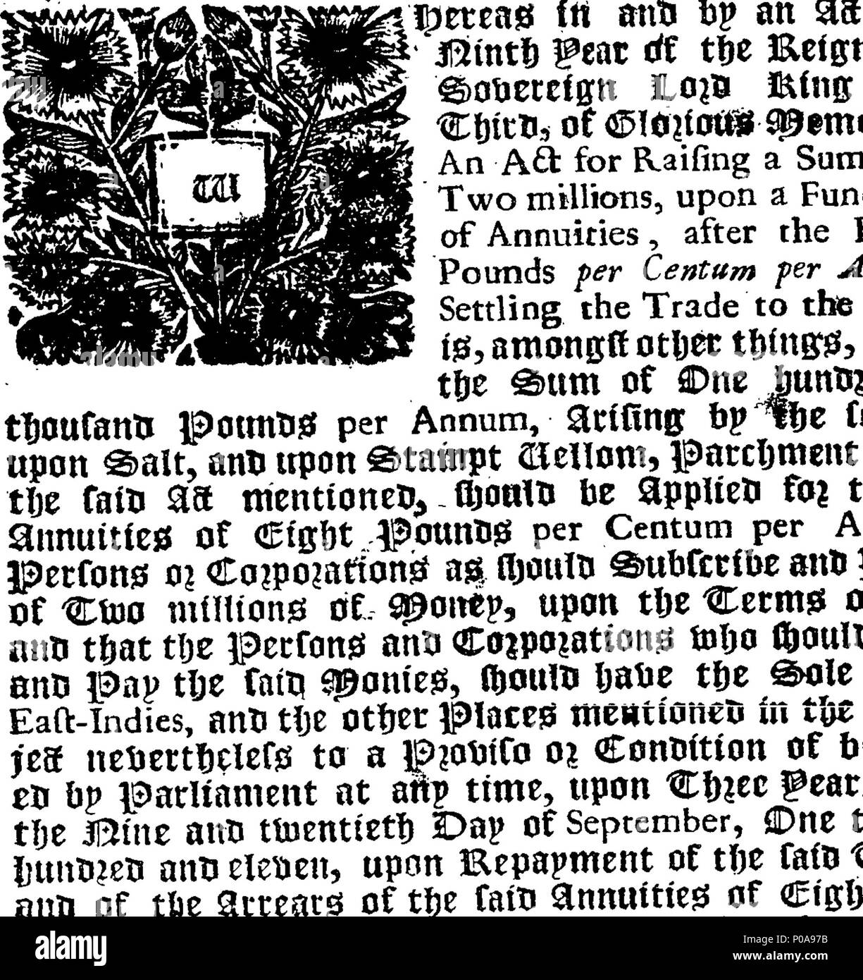 . Englisch: Fleuron aus Buch: Ein Akt für die Fortsetzung des Handels- und Corporation-Kapazitäten der Vereinten East-India Company, obwohl ihre Fonds sollte eingelöst werden. 295 Ein Akt für die Fortsetzung des Handels- und Corporation-Kapazitäten der Vereinten East-India Company, obwohl ihre Fonds Fleuron N 053191-3 eingelöst werden sollte Stockfoto