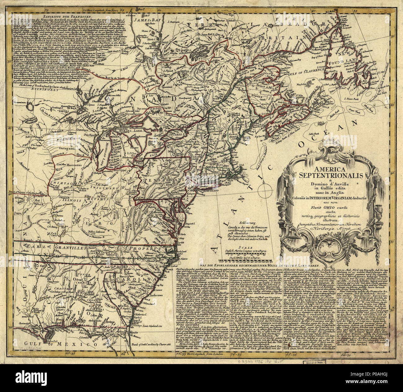 . Englisch: skalieren kann. 1:6,300,000. Hand gefärbt. Relief bildlich dargestellt. Prime meridian: Ferro und London. Ort, Namen und beschreibenden Noten in Englisch. Unterscheidet sich von anderen Kopien in Färbung und die Grenzen. Farben nicht mit Legende zustimmen. Der georgischen Grenze erstreckt sich von der St. John's River West" in Cahuita, "Norden", "Osten Keeowee nach Savannah. LC-Karten von Nordamerika, 1750-1789, 68 auch durch die Bibliothek des Kongresses Website als Rasterbild. Auch deutsche Text, der sich auf Englisch und Französisch territoriale Ansprüche. Vault AACR2. Amerika Septentrionalis ein Domini d'Anville in Gal. Stockfoto