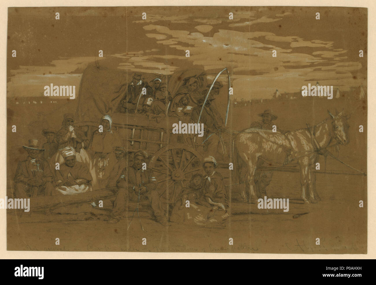 . Englisch: Titel: Ankunft im Camp -- unter die Verkündigung der Emanzipation Abstract / Medium: 1 Zeichnung: Bleistift auf braunem Papier und Chinesische Weiße; 22,6 x 33,1 cm. (Blatt). . 1863. Waud, Alfred R. (Alfred Rudolph), 1828-1891, Künstler 309 Eine Ankunft im Camp - unter die Verkündigung der Emanzipation LCCN 2004660916 Stockfoto . Englisch: Titel: Ankunft im Camp -- unter die Verkündigung der Emanzipation Abstract / Medium: 1 Zeichnung: Bleistift auf braunem Papier und Chinesische Weiße; 22,6 x 33,1 cm. (Blatt). . 1863. Waud, Alfred R. (Alfred Rudolph), 1828-1891, Künstler 309 Eine Ankunft im Camp - unter die Verkündigung der Emanzipation LCCN 2004660916 Stockfoto