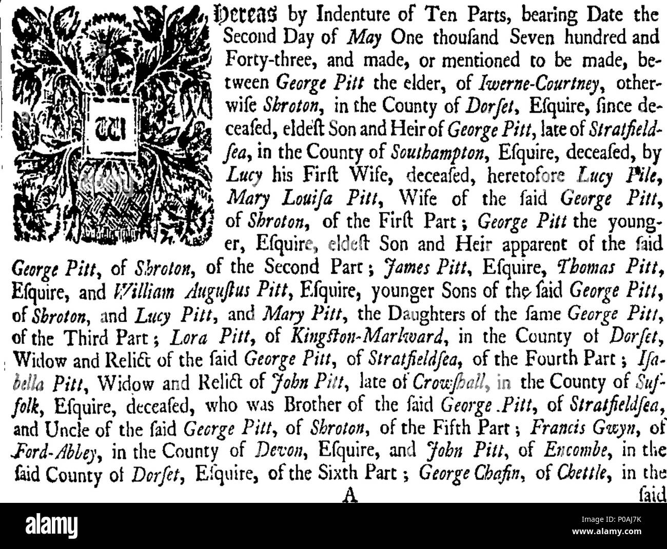 . Englisch: Fleuron aus Buch: Ein Akt für die Bestätigung ein Abkommen zwischen George Pitt, Esquire, und der Rektor der Kirche von Stratfieldsea, in der Grafschaft von Southampton, für den Austausch von Lands... 295 Ein Akt für die Bestätigung ein Abkommen zwischen George Pitt Fleuron T 063217-1 Stockfoto