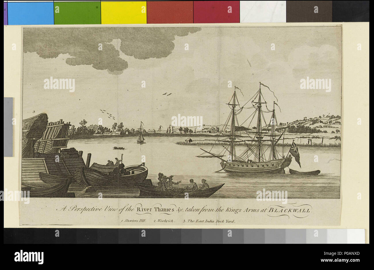 . Englisch: ein Blick auf den Fluss ThamesCopper-Platte Drucken mit dem Titel "Ein Blick auf die Themse und auch eingeschrieben;' aus dem Kings Arms in Blackwall; Shooters Hill, Woolwich; die East India Dock Hof. Von London Magazin Feb 1782." Den Blackwall Yard ist auf der linken Seite, Woolwich im Zentrum Entfernung auf der rechten Seite (Süden) Ufer der Themse und der Shooter Hügel auf der rechten Seite. Das Schiff im Fluss Montage 10 Gewehren ein Seite ist wahrscheinlich eine kleine Indiaman. Unter ihrem Stern am Rande von Greenwich Marsh (Blackwall Punkt) können die gibbeted Körper von einem Piraten oder smuggl gesehen werden. Stockfoto