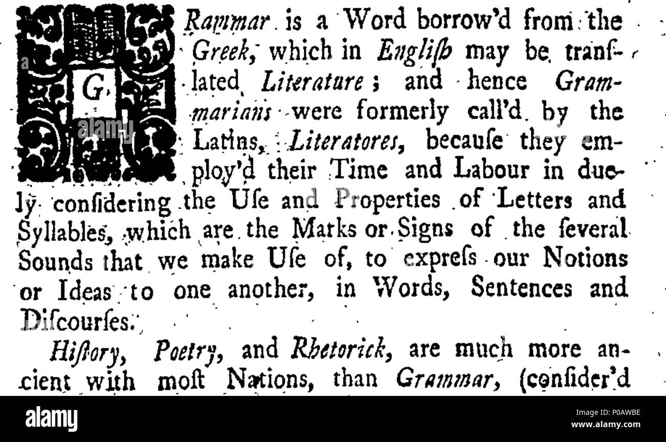 . Englisch: Fleuron aus Buch: Eine rationale Grammatik; mit einfachen Regeln in Englisch Latein, mit den besten Autoren im Vergleich In den meisten Sprachen über dieses Thema zu erfahren. Von J.T. Philipps, Lehrer an Seine Königliche Hoheit Prinz William, Herzog von Cumberland. 180 Eine rationale Grammatik; mit einfachen Regeln in Englisch Latein, mit den besten Autoren im Vergleich zu den in den meisten Sprachen lernen zu diesem Thema fleuron T 094221-1 Stockfoto