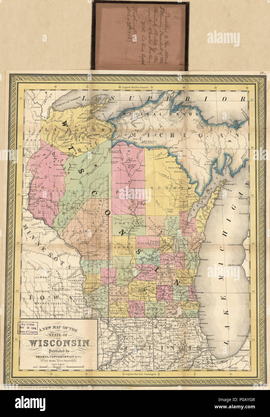 . Englisch: Titel von der Abdeckung. "Gemäss Gesetz des Kongresses im Jahr 1850 von Thomas Cowperthwait & Co. in der sekretärinbüro der District Court des Eastern District von Pennsylvania. 'LC kopieren: Notiz geschrieben innerhalb der Abdeckung: Hon. Millard Fillmore, Präsidenten der Vereinigten Staaten vorgelegt, die von dem Agenten, Charles Sexton, mit seinem freundlichen Grüßen, Washington, feby. 26 1852. LC kopieren: Karte nicht von Millard Fillmore. Auch verfügbar in der Bibliothek des Kongresses Website als Rasterbild. . Eine neue Karte des Staates Wisconsin. 1852. Thomas Cowperthwait & Co.155 eine neue Karte von Stockfoto