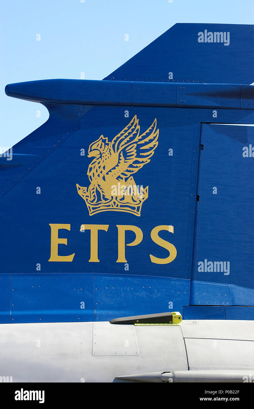 ETPS, Empire Test Pilot's School. Wappen-Logo auf dem Saab Gripen Jet-Heck. Die britische Ausbildungsschule des Verteidigungsministeriums wird von QinetiQ betrieben Stockfoto