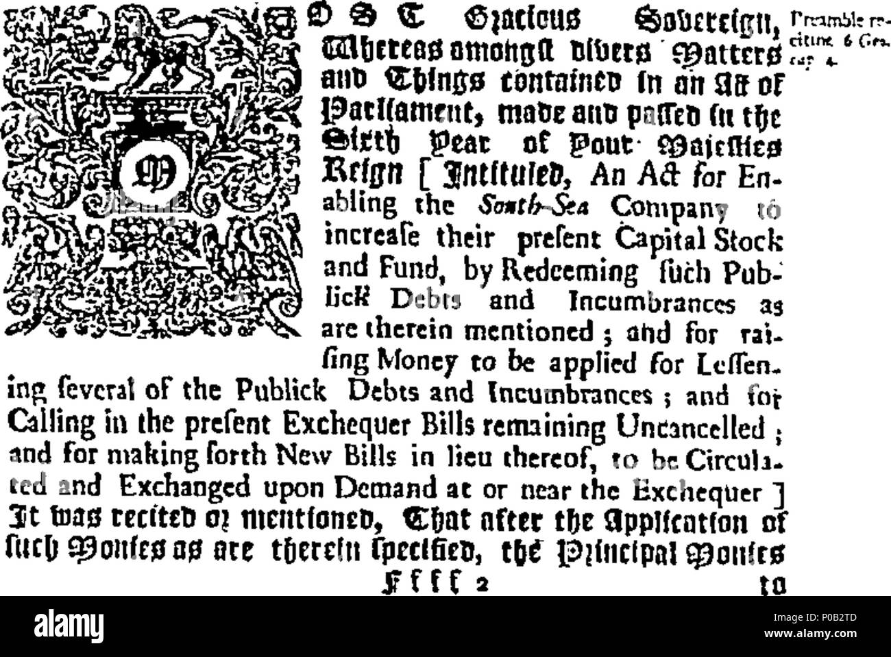 . Englisch: Fleuron aus Buch: Ein Akt für die Zahlung und Stornierung eine Million von Schatzkanzler Rechnungen, und Leichtigkeit zu den South-Sea Firma geben, in bezug auf seine gegenwärtige Verpflichtung, zu verbreiten, oder in Richtung des zirkulierenden Exchequer bills beitragen; und weitere Zeit, um das Unternehmen zu geben, die zur Rückzahlung von einer Million, die ihnen verliehen wurde; und für die Ausstellung eines weiteren Betrags in der neuen Schatzkammer Rechnungen, in Richtung seiner Majestäten, Entladen und abgebrochen werden, wenn die Firma zahlt die Millionen aufgrund eines durch Sie; und dass der Schatzkanzler Rechnungen, bei denen es sich um fortzufahren, können an der einfac verbreitet werden und Stockfoto
