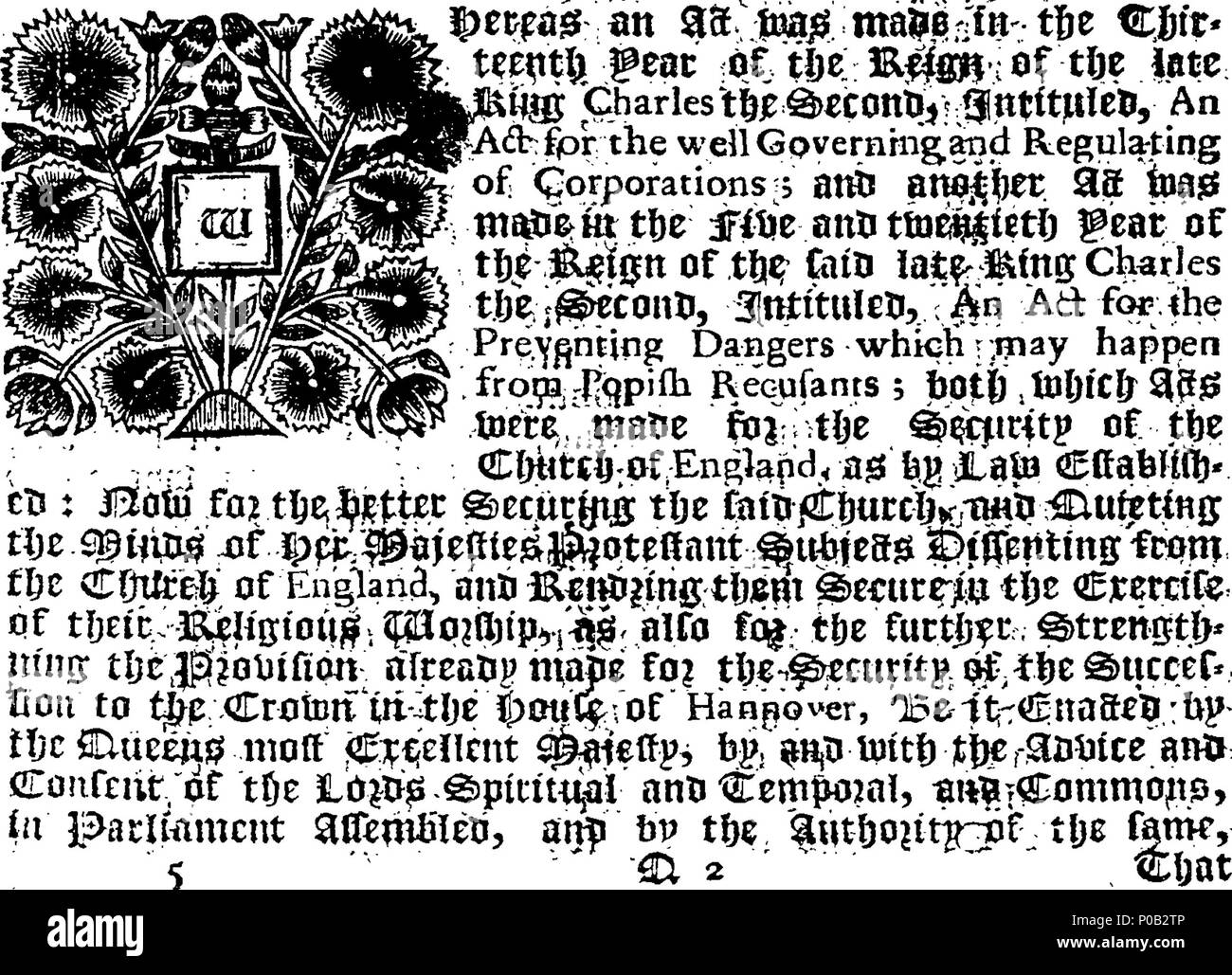 . Englisch: Fleuron aus Buch: ein Gesetz für die Erhaltung der protestantischen Religion, durch eine bessere Sicherung der Kirche von England, wie gesetzlich festgelegt sind; und für die Bestätigung der Duldung zu protestantischen dissenters gewährt, die durch eine Handlung intituled, eine Tat, die für Ihre Majestäten protestantischen Untertanen befreien, Andersdenkende von der Kirche von England, von den Strafen für bestimmte Gesetze, und für die Versorgung der Mängel; und für die weitere Sicherung der protestantischen Erbfolge, indem die practicers des Gesetzes im Norden von Großbritannien die Eide, und unterzeichnen Sie die Erklärung darin erwähnt. 298 Ein Akt für Pre Stockfoto