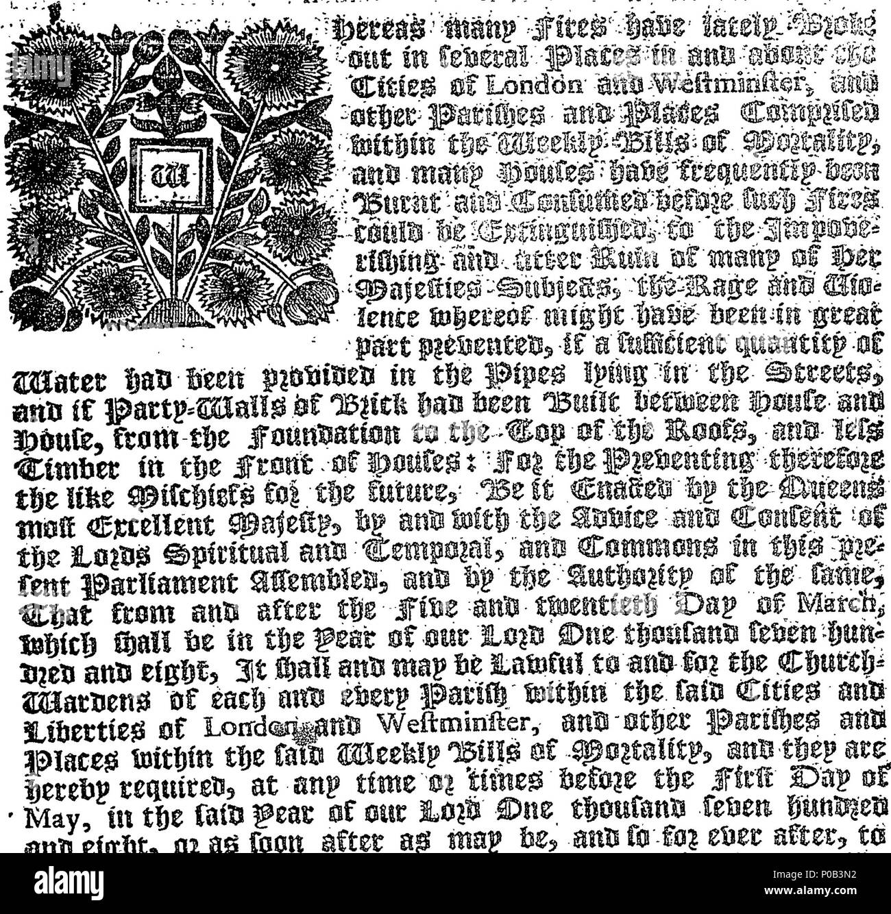 . Englisch: Fleuron aus Buch: Ein Akt für die bessere Prävention häufen, dass durch Feuer geschehen kann. 299 Ein Akt für die bessere Prävention häufen, dass durch Feuer geschehen kann. Fleuron N 053278-3 Stockfoto