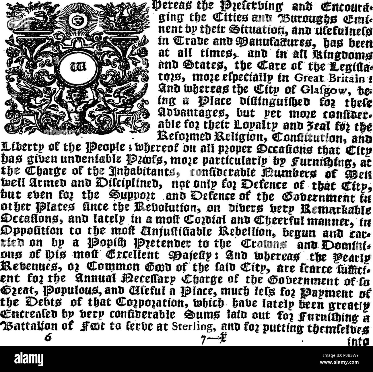 . Englisch: Fleuron aus Buch: Ein Akt für die ständige Aufgabe der zwei Pennies Schotten, oder ein Sechstel penny Sterling, auf jedem Pint Ale und Bier, die innerhalb der Stadt Glasgow und Privilegien, zum Wohle der Stadt vended oder verkauft werden soll. 300 ein Gesetz für die Fortführung der Aufgabe von zwei Pennies Scots Fleuron N 053705-2 Stockfoto