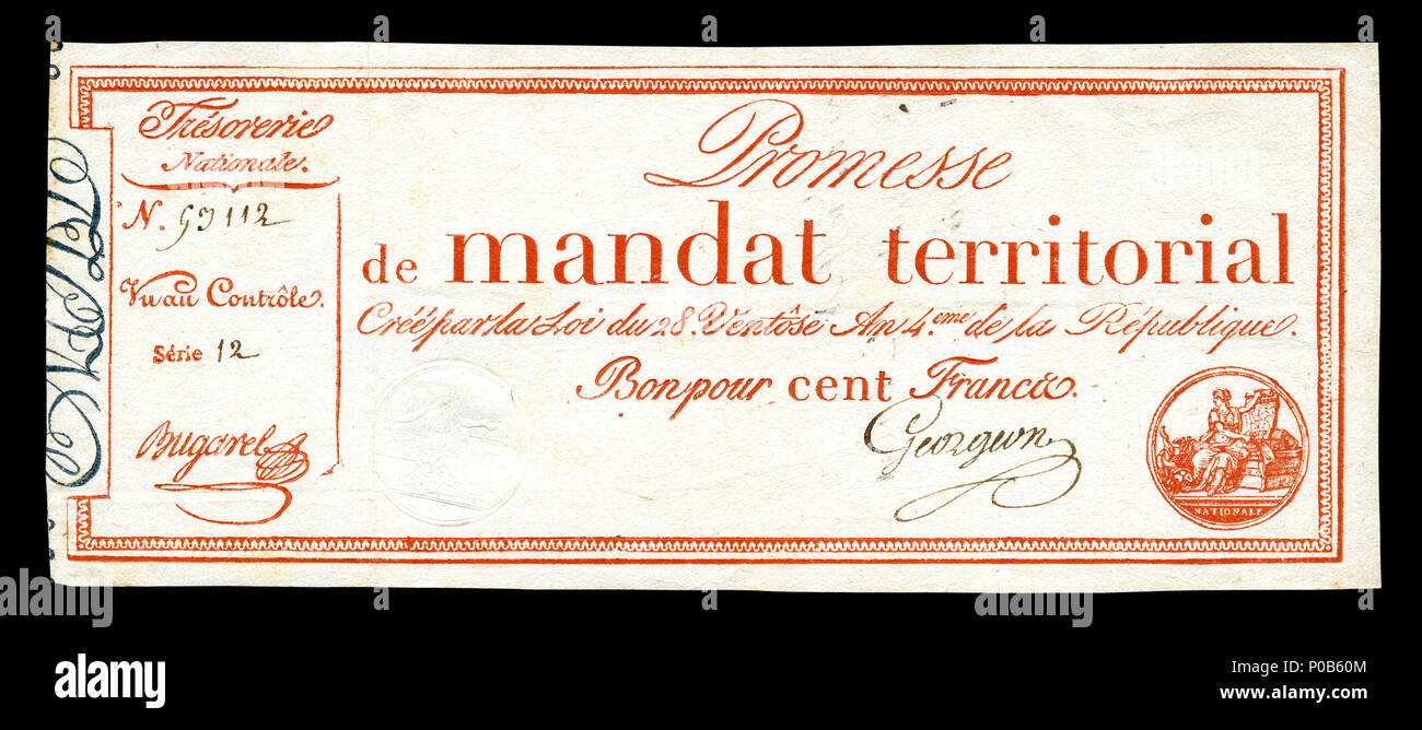 . Englisch: Frühe französische Papier Währung Teil eines Problems bekannt als Promesses de Mandats Territoriaux (fiat money entworfen, den Assignaten zu ersetzen) - 100 Franken, 1796 Problem (Ref.-Nr. A84 b). . 13 Dezember 2013, 06:00:07. Die französische Staatskasse nationalen Museum der amerikanischen Geschichte name nationalen Museum der amerikanischen Geschichte übergeordneten Institution Smithsonian Mitgliedschaften Standort in Washington, D.C., Vereinigte Staaten von Amerika Koordinaten 38°53'28.68"N, 77°01'48" W Hergestellt 1964 Webseite americanhistory.si.edu Authority control: Q 148584 VIAF: 127977835 ISNI: 0000 0004 0480 576 Stockfoto