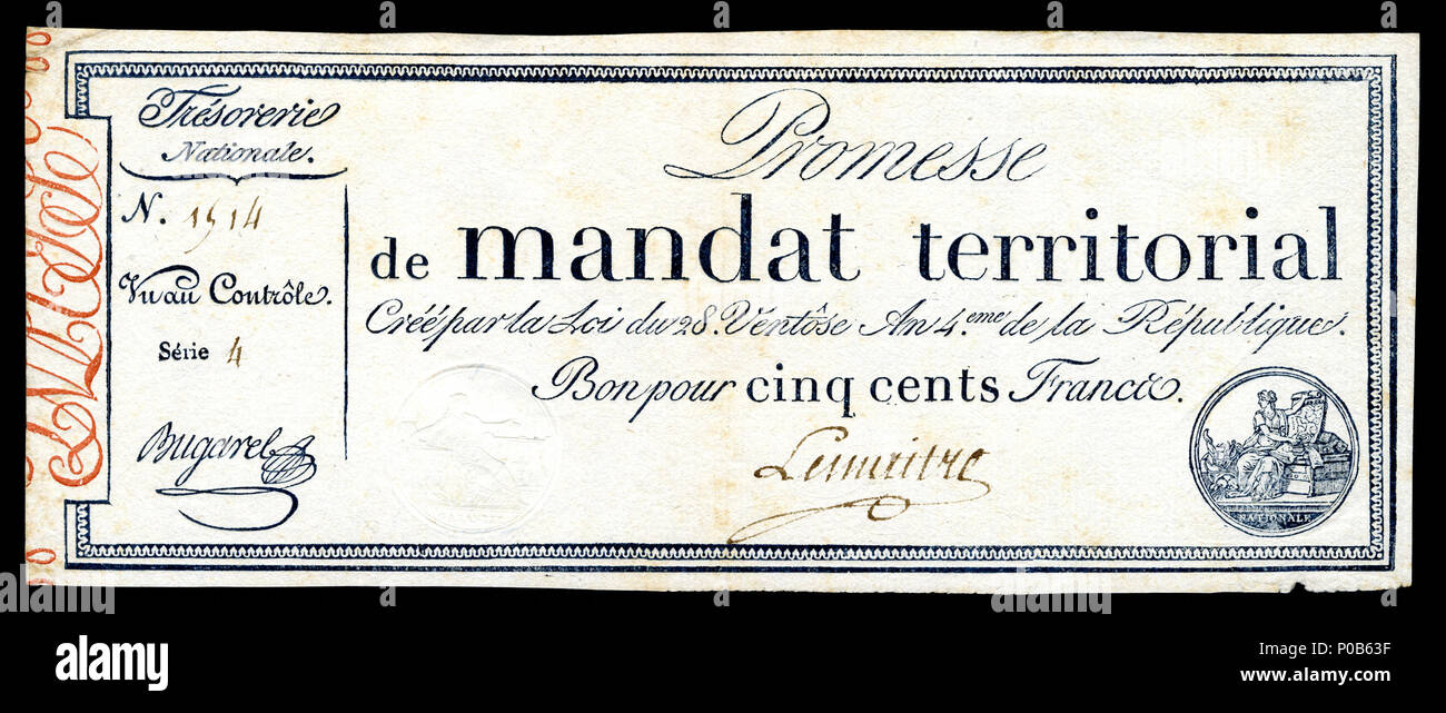 . Englisch: Frühe französische Papier Währung Teil eines Problems bekannt als Promesses de Mandats Territoriaux (fiat money entworfen, den Assignaten zu ersetzen) - 500 Franken, 1796 Problem (Ref.-Nr. A86 b). . 13 Dezember 2013, 06:00:21. Die französische Staatskasse nationalen Museum der amerikanischen Geschichte name nationalen Museum der amerikanischen Geschichte übergeordneten Institution Smithsonian Mitgliedschaften Standort in Washington, D.C., Vereinigte Staaten von Amerika Koordinaten 38°53'28.68"N, 77°01'48" W Hergestellt 1964 Webseite americanhistory.si.edu Authority control: Q 148584 VIAF: 127977835 ISNI: 0000 0004 0480 576 Stockfoto