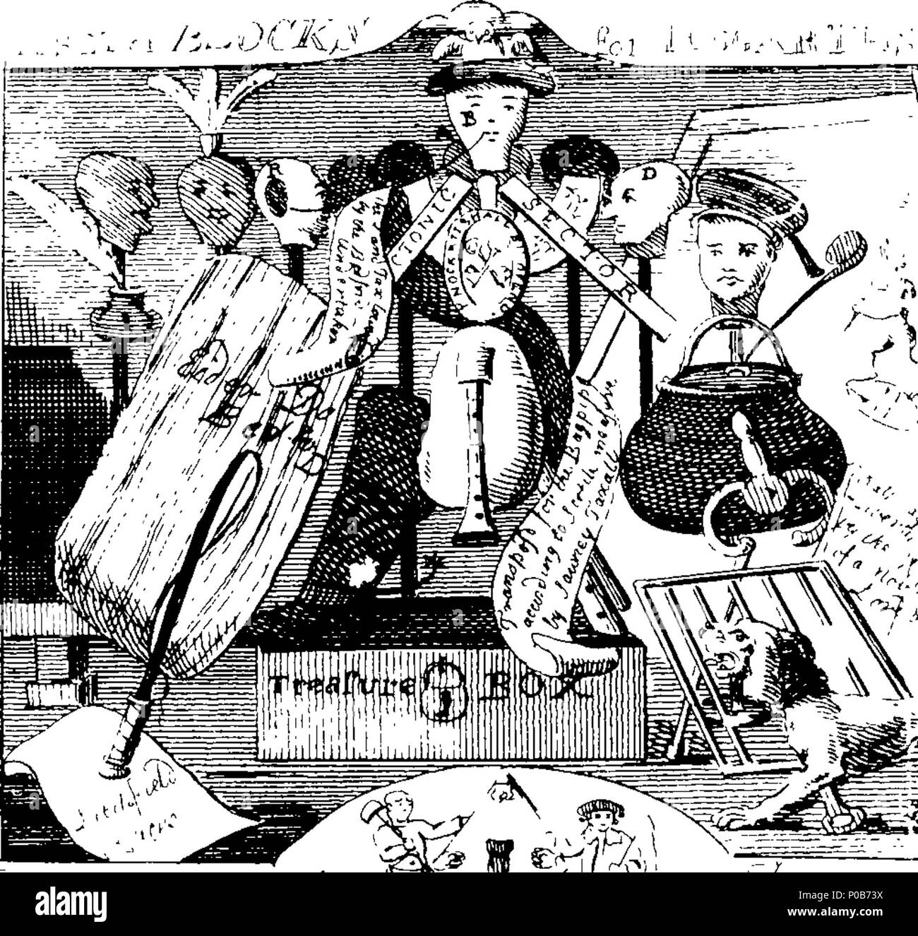 . Englisch: Fleuron aus Buch: eine politische und satirische Geschichte der Jahre 1756, 1757, 1758, 1759, und 1760, in einer Serie von einhundert und vier humorvolle und unterhaltsame druckt, die alle die bedeutendsten Transaktionen,... von jenen denkwürdigen Jahren. Die im Anhang beigefügt ist, eine Erläuterung... 173 Eine politische und satirische Geschichte der Jahre 1756 Fleuron T 145764-14 Stockfoto