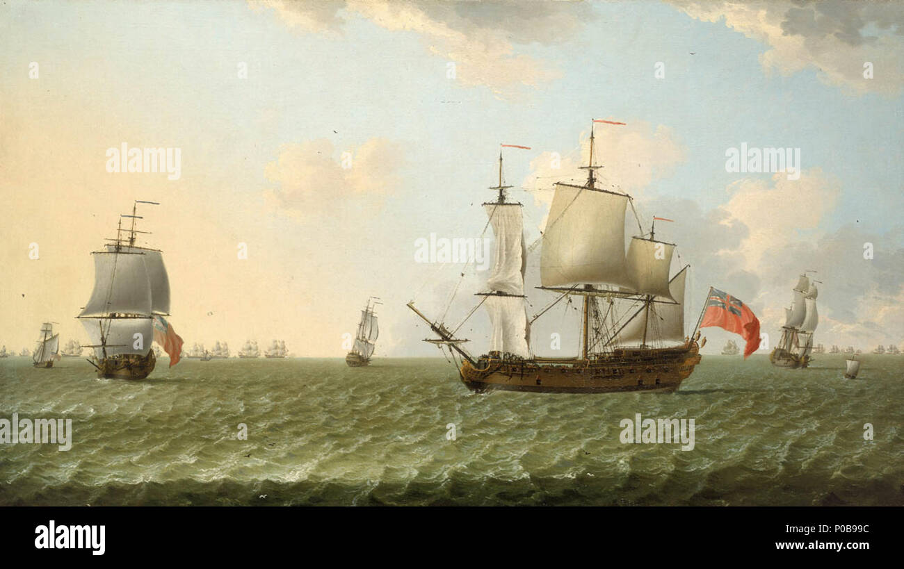 . Englisch: ein Ostindienfahrer in bleibt, mit einer Flotte Verfolgungsjagd über Im Vordergrund eine Indiaman ist Breitseite gezeigt, zum Hafen. Es fliegt der Rote Stern aus dem Stern sowie kurze Wimpelketten, um anzuzeigen, dass es sich um ein Handelsschiff. Es ist ein Aushängeschild eines goldenen geschnitzten Löwen am Bug und es gibt drei Stern Laternen. Das Deck ist mit Segler in den Prozess der Wende beteiligt sind überfüllt. Das Schiff ist entweder 'in' (schweben bleibt im Auge des Wind) oder kurz Hove, mit Ihrem foresails frösteln. Auf der linken Seite eine ähnliche Ostindienfahrer im Vordergrund mit drei anderen Kaufmann vess dargestellt Stockfoto