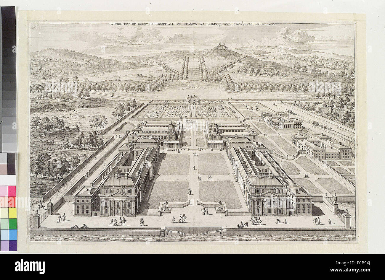 . Englisch: ein Prospekt von Greenwich Hospital für Seeleute wie vorgesehen und der Förderung einer. MDCXCIX. Diese Antenne Perspektive ist fast vollständig auf der Grundlage konzeptioneller Pläne, da es gedruckt wurde, nur die wichtigsten Bereich des Königs Charles Court (unten rechts) Stand, mit seinen kleineren westlichen (rechts) 'base-Block" und der King William Gericht (unter der rechten Dome) im Bau von 1696. Die abgelegenen Gebäuden und apsidally-ended Parterre in der Mitte rechts Abstand erscheinen auf einem Plan, jetzt in der Sammlung der RIBA, London, aber nicht durchgeführt wurden. Sowohl die gewölbte King William und Königin Mary Co Stockfoto