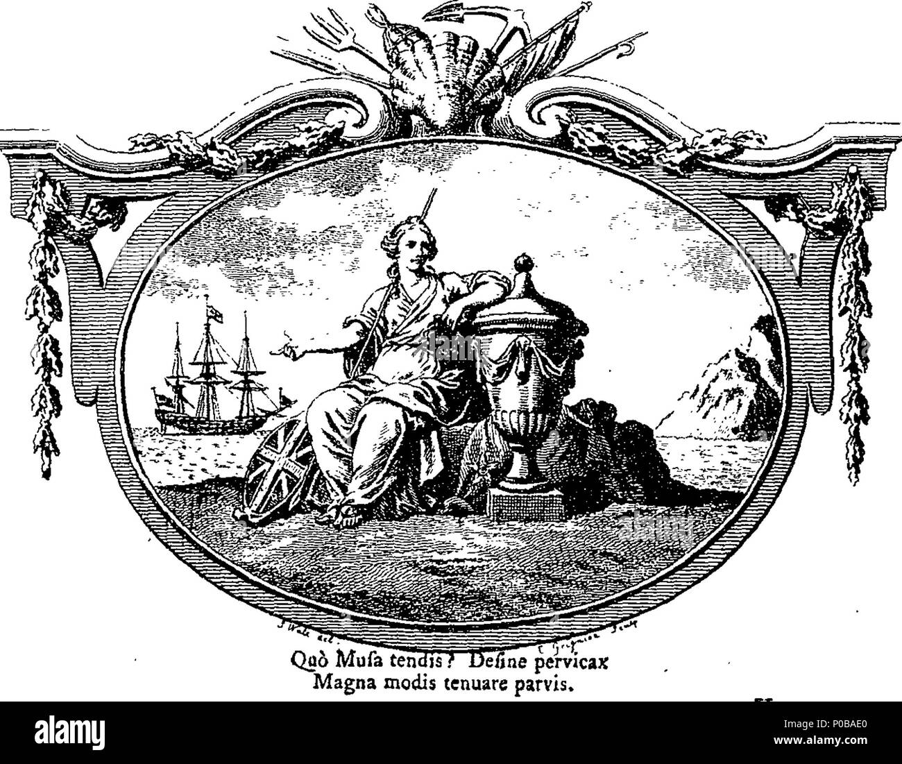 . Englisch: Fleuron aus Buch: Eine Elegie auf den Tod des Sir Charles Saunders, Ritter der Badewanne, Admiral der Flotte White Squadron Seiner Majestät. Von Pfr. Robert Englisch, M. A. Kaplan zum Zwölften Regiment zu Fuß; und auf der rechten Seite Frau Abgeordnete Edward Herr Hawke. 312 Eine Elegie auf den Tod des Sir Charles Saunders, Ritter der Badewanne, Admiral der Weißen Geschwader von Seiner Majestät flotte Fleuron T 032532-1 Stockfoto