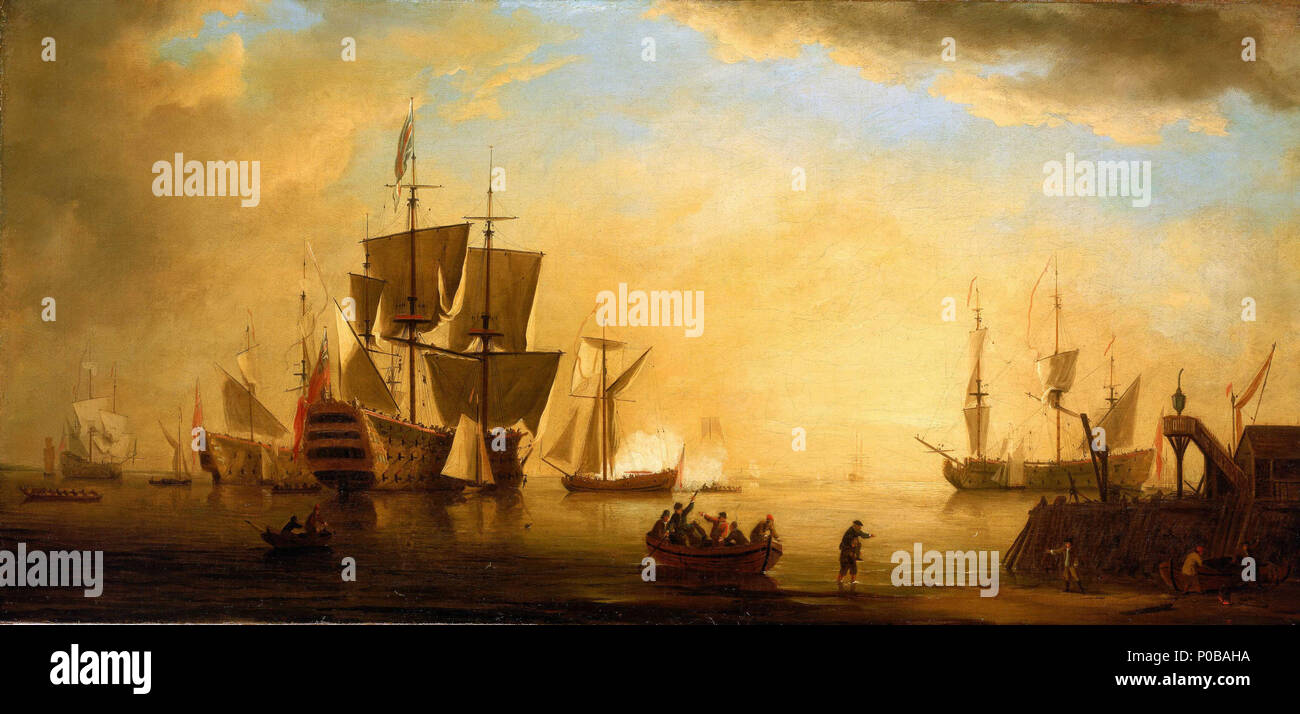 . Englisch: Eine englische Flaggschiff und andere Schiffe Flaute bei Sun, eine Darstellung des Englischen Versand Flaute. Ein aushängeschild ist auf der linken Seite dargestellt, die die Union Flag und dem roten Stern. Auf der rechten Seite einer Yacht, in Port-Breitseite Aussicht, ist das Fliegen die Red Ensign und ein Wimpel und salutierte. Weiter rechts ist ein anderes Schiff in Port-Breitseite ansehen und auch unter der Fahne und Wimpel. Auf der rechten Seite der Eingang zu einem Hafen wird im Vordergrund angezeigt. Es gibt Zahlen unterschiedlich auf das Vorland belegt, darunter einige, die in der Nähe ihrer Strände Yacht stehen und lit Brazier. In der Centra Stockfoto