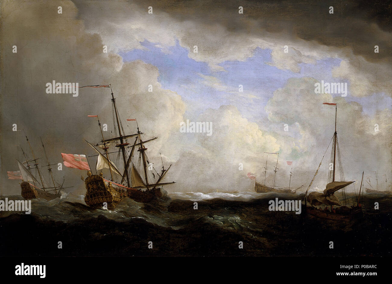 . Englisch: Ein englisches Schiff und eine Nutte auf See in einem Sturm mit anderen Schiffen ein englisches Schiff in einen Sturm gezeigt, zusammen mit anderen Versand. Auf der linken Seite ist ein kleines Schiff mit Männern in der takelage dargestellt Rollgroß das Segel. Im Vordergrund rechts ein niederländisches Fischerboot bekannt als eine Nutte ist Ihr Segel. In der Mitte links - Abstand ist ein Schiff mit einer Reihe von Zahlen auf dem Deck und in der Takelage. In der rechten Hintergrund ist ein Schiff vor Anker. Sie hat einen Anhänger an der Haupteinheit und eine Flagge in den Vordergrund. Es gibt mehrere andere Schiffe vor Anker in der Entfernung Alle reiten, um den Sturm. Obwohl t Stockfoto