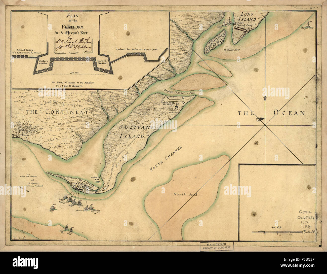 . Englisch: skalieren kann. 1:25.500. Titel von Gravierten Karte durch Faden im Jahre 1776 veröffentlicht. Manuskript, Feder und Tinte und Aquarell. Mit Einfügung "Plan der Plattform in Sullivan's Fort." von Oberstleutnant Thos beschriftet. James der Rl. Rt. der Artillerie, ein 'l' aus dem'Sullivan Fort zu löschen.' LC-Karten von Nordamerika, 1750-1789 1544 Verfügbar auch durch die Bibliothek des Kongresses Website als Rasterbild. Vault AACR2: 100; 650. [Einen Plan des Angriffs von Fort Sulivan, in der Nähe der Charles Town in South Carolina durch ein Geschwader der seine Schiffe Majestät am 28. Juni 1776, mit der Disposition des Stockfoto