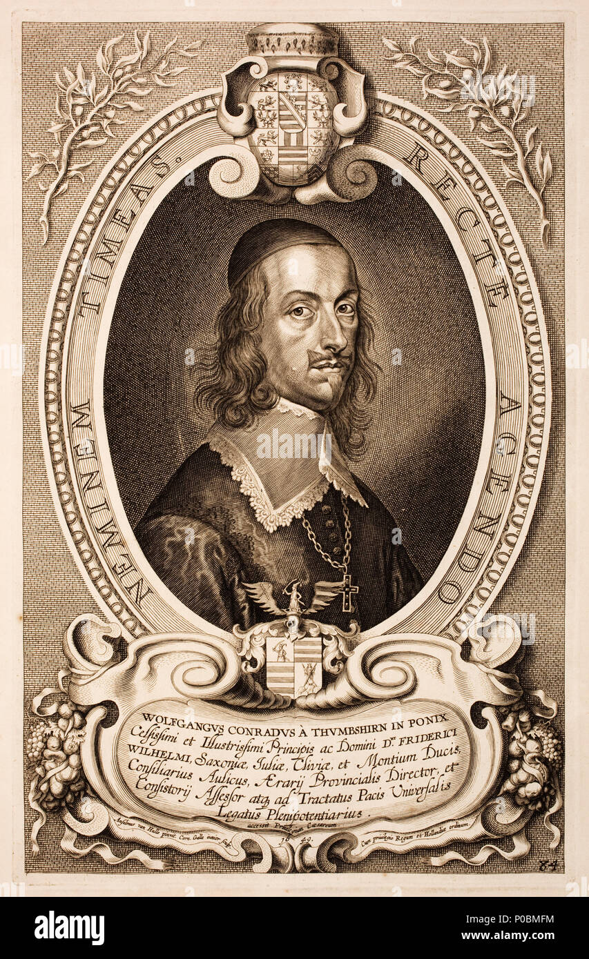 . Deutsch: Wolfgang Conrad von Thumbshirn (* 28. April 1604 in Ponitz; † 24. November 1667 in Altenburg) Krieg Verhandlungsführer und Mitunterzeichner des Westfälischen Friedens. Ab 1653 war er fürstlich sachsen-altenburgischer Kanzler. Englisch: Porträt von Wolfgang Conrad von thumbshirn (1604-1667). "Wolfgangus Conradus à Thumbshirn in Ponix'. Seite 84. . 1717. Anselm Van Hulle (1601 - nach 1674) Alternative Namen Anselmus Hebbelijnck, Anselmus Hebbelynck, Anselm von Hulle, Anselmus Van Hulle, Anselmus von Hulle Beschreibung flämischen Maler und Zeichner Geburtsdatum / Tod 23. Juli 1601 Stockfoto