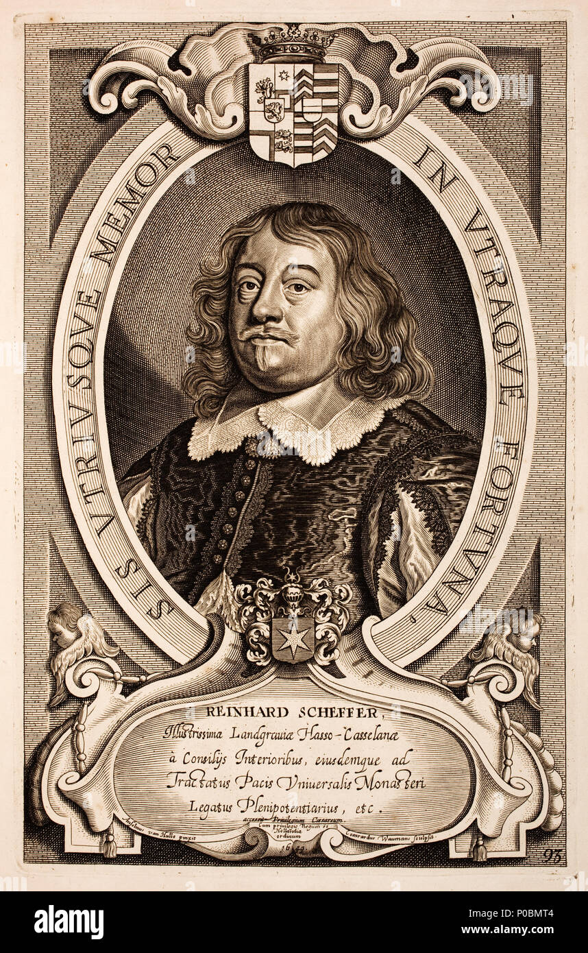 . English: Reinhard Scheffer der Jüngste (1590-1656) (* 20. August 1590 in Marburg; † 11. März 1656 ebenda) war ein deutscher Jurist, Diplomat und Staatsmann. Englisch: Portrait von Reinhard Scheffer die Jüngste (1590-1656). "Reinhard Scheffer Illustrissimae Landgraviae Hasso-Casselanae eine Consiliis Interioribus, eiusdemque ad Tractatus Pacis Universalis Monasteri Legatus Plenipotentiarius usw.". Seite 93. . 1717. Anselm Van Hulle (1601 - nach 1674) Alternative Namen Anselmus Hebbelijnck, Anselmus Hebbelynck, Anselm von Hulle, Anselmus Van Hulle, Anselmus von Hulle Beschreibung Flämischen Stockfoto