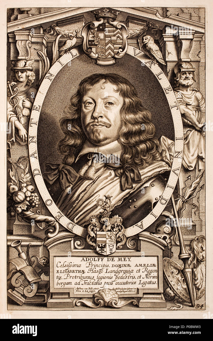 . Englisch: Porträt von Adolf-von-Mai-1663 (??). Peter Adolf von Mai, Allgemein? "Adolff de Mey. Celsissimae Principis DOMINAE AMELIAE ELISABETHAE Hasso Landgraviae et Regentis, Protribunus legionis pedestris et Norimbergam ad Tractatus pacis executorios Legatus'. Eule, Taube mit Ölzweig, Gott Merkur, Gott Jupiter mit Blitz, Füllhorn, Löwe, Symbol des Planeten Merkur mit Pfeil. Seite 94. (Die Gräfin erwähnt Amalie Elisabeth von Hanau-Münzenberg (1602-1651), Landgräfin von Hessen-Kassel Consort und Regent.). 1717. Anselm Van Hulle (1601 - nach 1674) Alternative Namen Anselmu Stockfoto