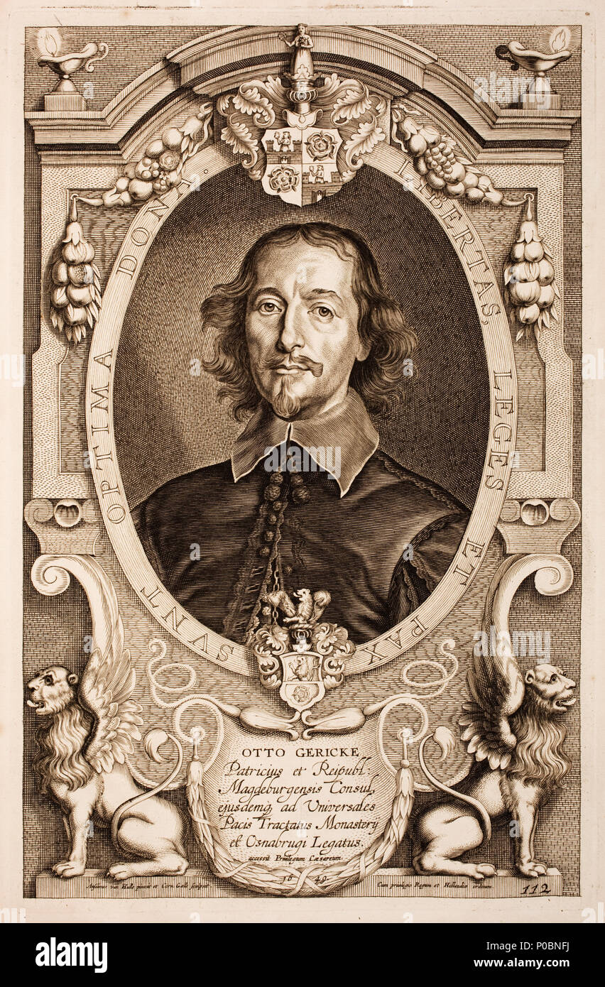 . Deutsch: Otto-von-Guericke-Universität (* 20. Novemberjul./30. November 1602 Greg. in Magdeburg; † 11. Maijul./21. Mai 1686 Greg. in Hamburg) war ein deutscher Politiker, Juristen, Physiker, Erfinder. Teilnahme an den Verhandlungen zum Westfälischen Frieden. Englisch: Porträt von Otto-von-Guericke-Universität (November 20, 1602 - Mai 11, 1686 (Julianische Kalender); November 30, 1602 - Mai 21, 1686 (Gregorianischer Kalender)), war ein deutscher Wissenschaftler, Erfinder, Politiker und Gesandten auf dem Westfälischen Frieden. 'Otto Guericke Lois et Reipubl: Magdeburgensis Consul...'. Seite 112. Deutsch: Otto-von-Guericke-Universität (Maagdenburg, 2 Stockfoto