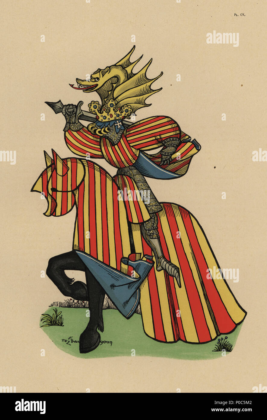 König von Aragon, Roi d'Aragon. Chromolithograph von loredan Larchey des Ancien Armorial Équestre de la Toison d'Or et de l'Europe au 15e siecle (Antike Equestrian Armorials des Ordens vom Goldenen Vlies und Europa im 15. Jahrhundert), Paris, 1890. Von bebilderten Handschrift 4790 in der Bibliothèque de l'Arsenal. Stockfoto