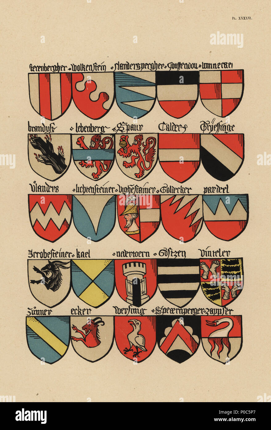 Ecu oder Wappen des deutschen Adels, aus dem 15. Jahrhundert. Chromolithograph von loredan Larchey des Ancien Armorial Équestre de la Toison d'Or et de l'Europe au 15e siecle (Antike Equestrian Armorials des Ordens vom Goldenen Vlies und Europa im 15. Jahrhundert), Paris, 1890. Von bebilderten Handschrift 4790 in der Bibliothèque de l'Arsenal. Stockfoto