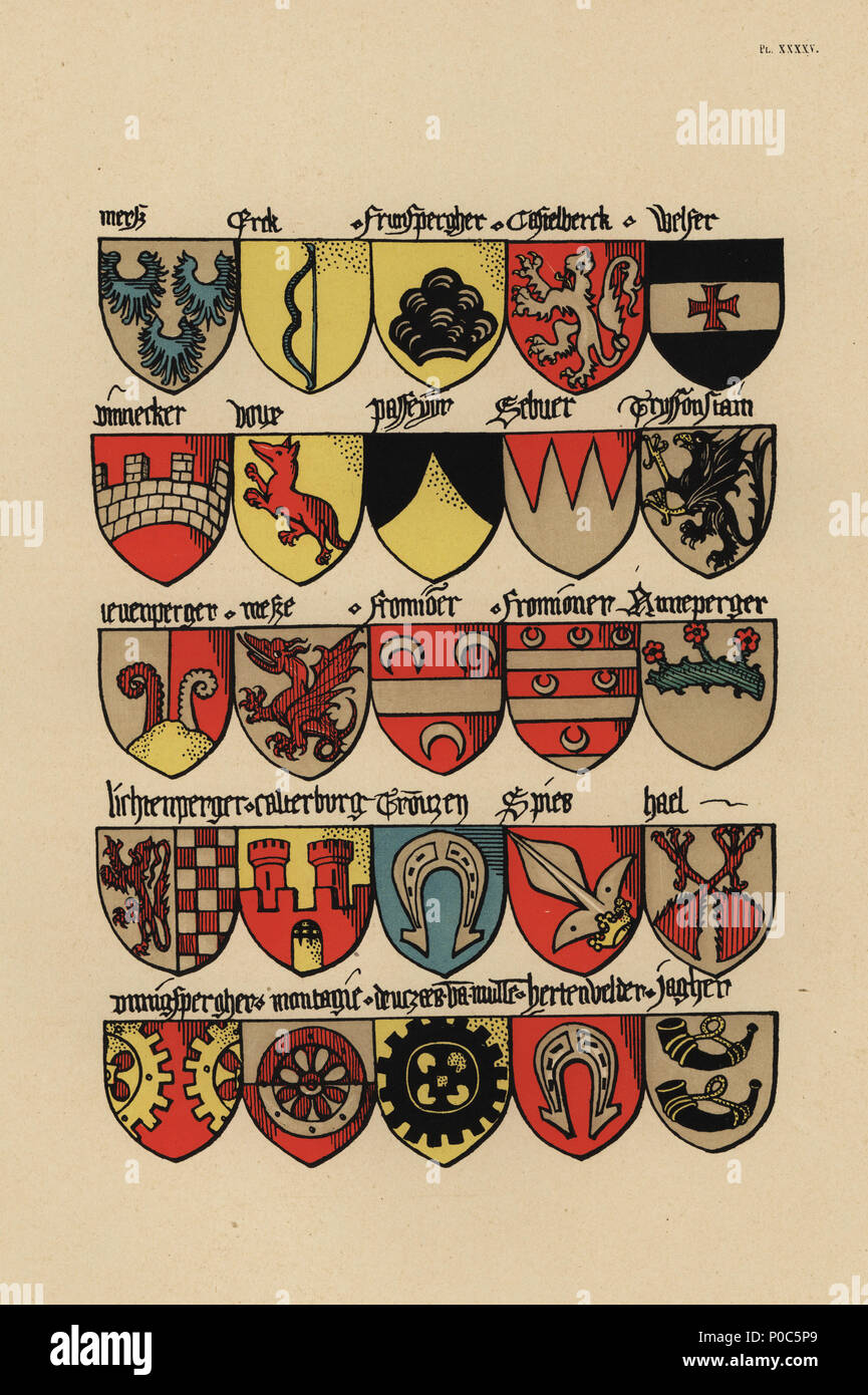 Ecu oder Wappen des deutschen Adels, aus dem 15. Jahrhundert. Chromolithograph von loredan Larchey des Ancien Armorial Équestre de la Toison d'Or et de l'Europe au 15e siecle (Antike Equestrian Armorials des Ordens vom Goldenen Vlies und Europa im 15. Jahrhundert), Paris, 1890. Von bebilderten Handschrift 4790 in der Bibliothèque de l'Arsenal. Stockfoto