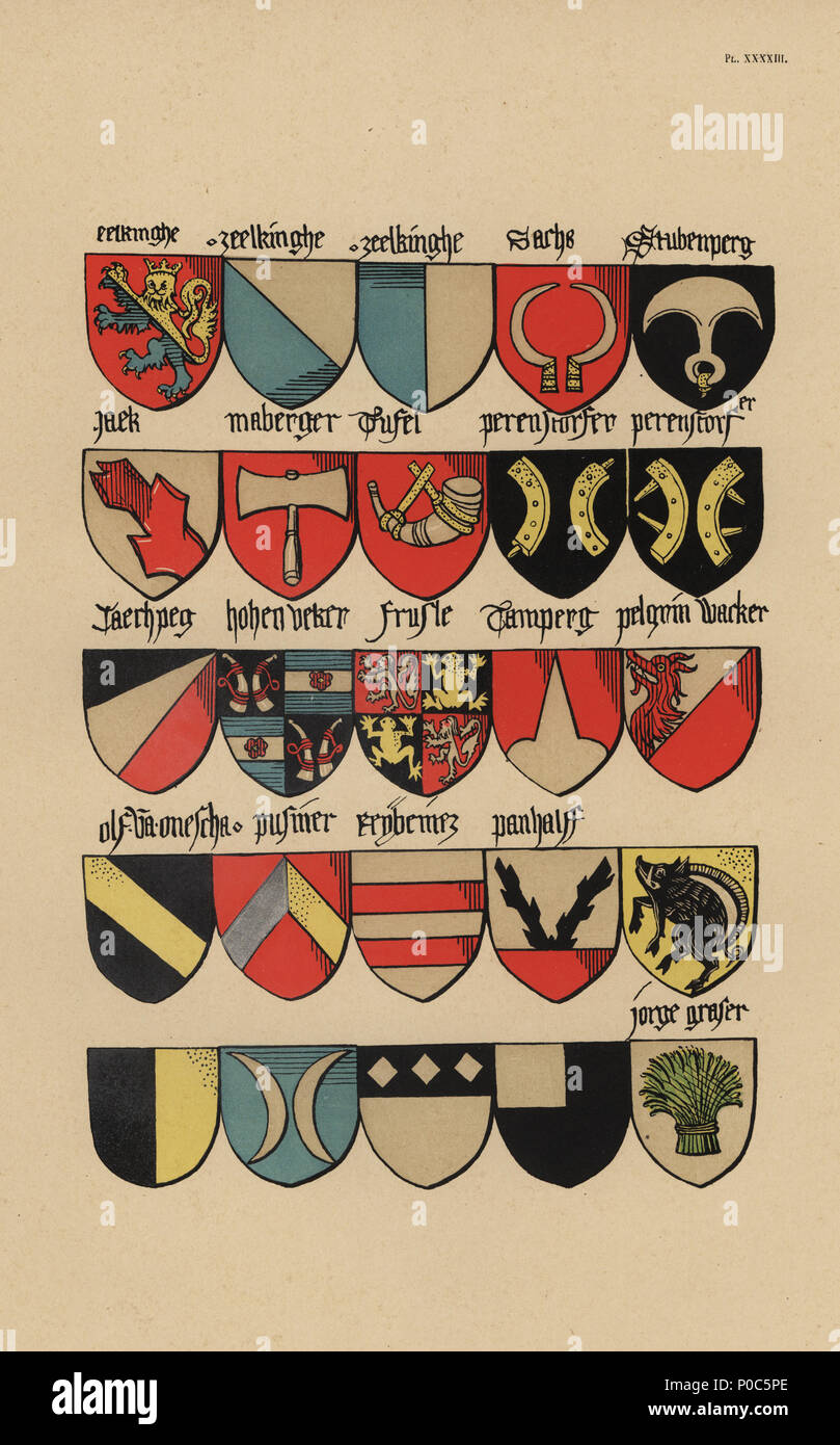 Ecu oder Wappen des deutschen Adels, aus dem 15. Jahrhundert. Chromolithograph von loredan Larchey des Ancien Armorial Équestre de la Toison d'Or et de l'Europe au 15e siecle (Antike Equestrian Armorials des Ordens vom Goldenen Vlies und Europa im 15. Jahrhundert), Paris, 1890. Von bebilderten Handschrift 4790 in der Bibliothèque de l'Arsenal. Stockfoto