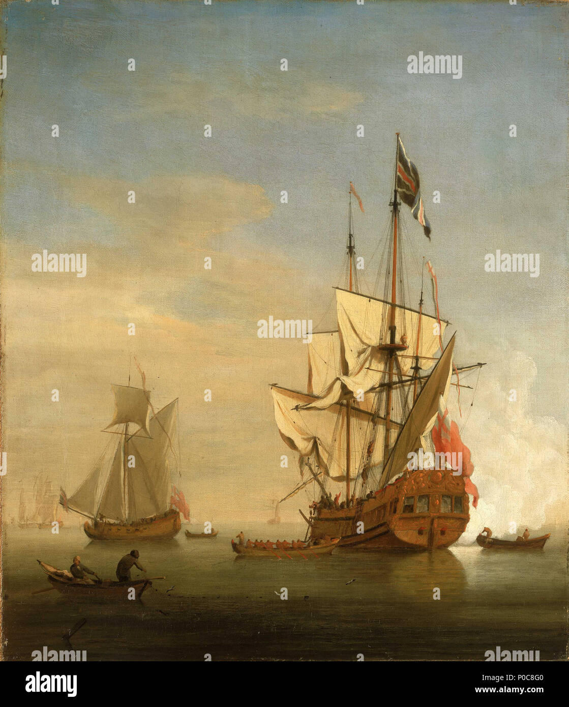 Englisch: Eine englische Sixth-Rate Schiff Feuern ein Gruß als Binnenschiff  verlässt; ein Royal Yacht in der Nähe einer Vielzahl von Versand ist in  einer ruhigen gezeigt. Im Vordergrund auf der linken