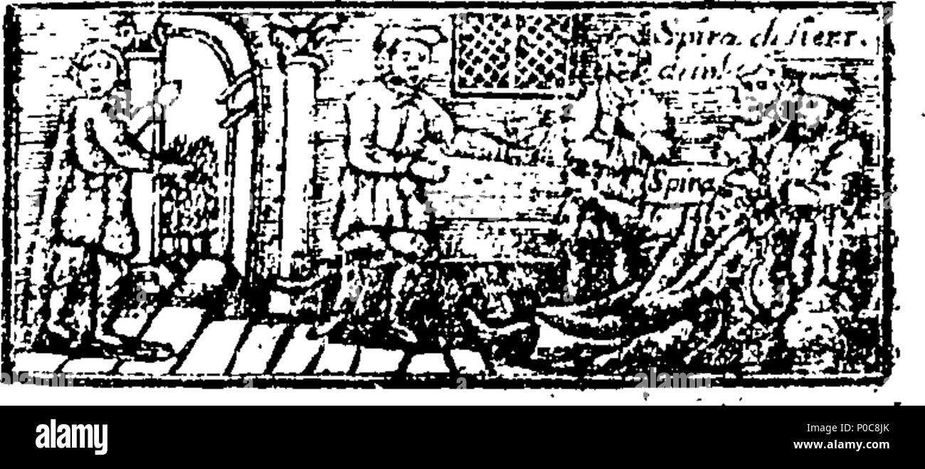 . Englisch: Fleuron aus Buch: eine Beziehung der ängstlichen Immobilien von Francis Spira, nachdem er sie "opostate aus der evangelischen Kirche zu Papsttums. Auch die elenden Leben und jämmerlichen Todesfälle, von Herrn John Kind, das verzweifelt hängen würde sich in Brick-Lane, in Spurle-Fields, London, 1664. und Herr Geo. Edwards, Ende von Stratford in Essex, die vorsätzlich Schoss sich zu Tode, Jan. 4, 1704. Zu dem wird hinzugefügt, King James ist der erste Prophetischen Fluch auf jede seiner Rasse, die in der Kirche von Rom Apostatle sollte. Beispiele für Gottes Gerichte auf anderen Abtrünnigen. Mit Origenes die Wehklage. Stockfoto
