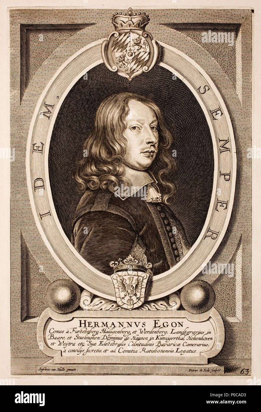 . Deutsch: Hermann Egon (Fürstenberg-Heiligenberg) Krieg Oberhofmeister, Kämmerer, Geheimrat und Hofmarschall des bayrischen Kurfürsten Ferdinand Maria und spielte 1658 bei der Kaiserwahl in Frankfurt mit-Brüdern Franz Egon und Wilhelm Egon eine wichtige Rolle. Englisch: Portrait von Herman Egon Fürst zu Fürstenberg (1627-1674), der Hofmeister, Chamberlain, Geheimrat und Hofmarschall zu Kurfürst Ferdinand Maria von Bayern, und mit seinen Brüdern Franz Egon und William Egon, spielte eine wichtige Rolle in der kaiserlichen Wahl im Jahre 1658 in Frankfurt am Main. Seite 63. Nederlands: Herman Egon, Pr Stockfoto