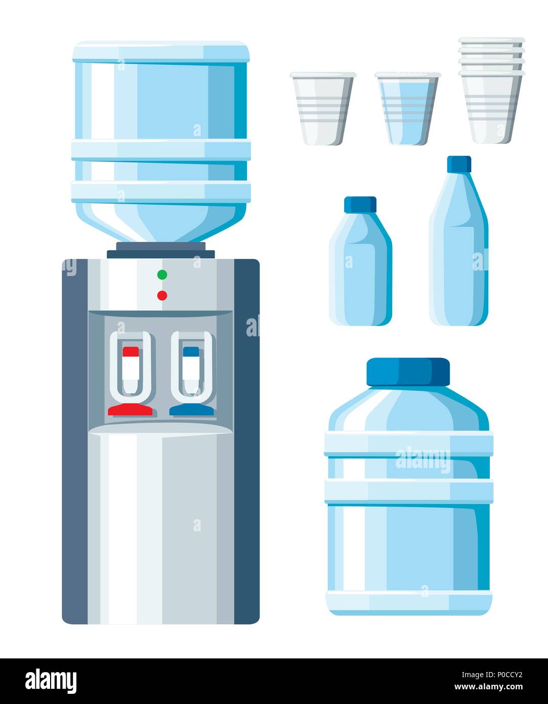 Wasserkühler. Erfrischung und Flasche Büro-, Kunststoff- und Flüssigkeit. Transparente Einwegbecher mit großen und kleinen Wasserflasche. Vector Illustration isol Stock Vektor