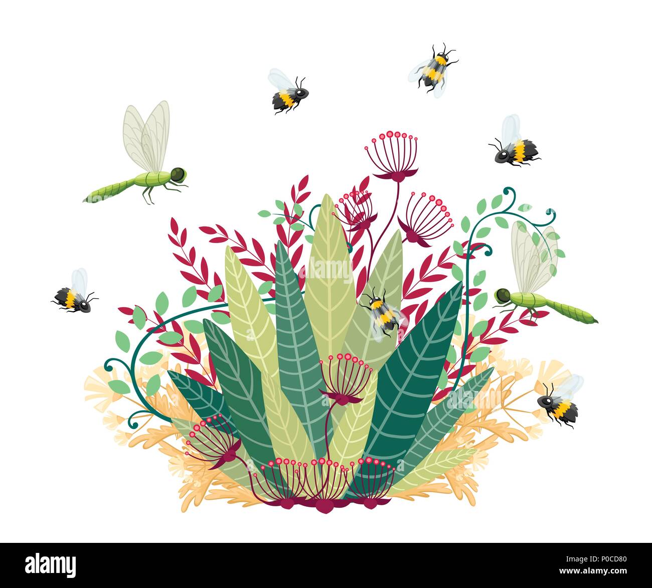 Green Bush mit Fliege Insekt. Cartoon Design. Bienen und Libellen mit floralen Elements. Flache Vector Illustration auf weißem Hintergrund. Stock Vektor