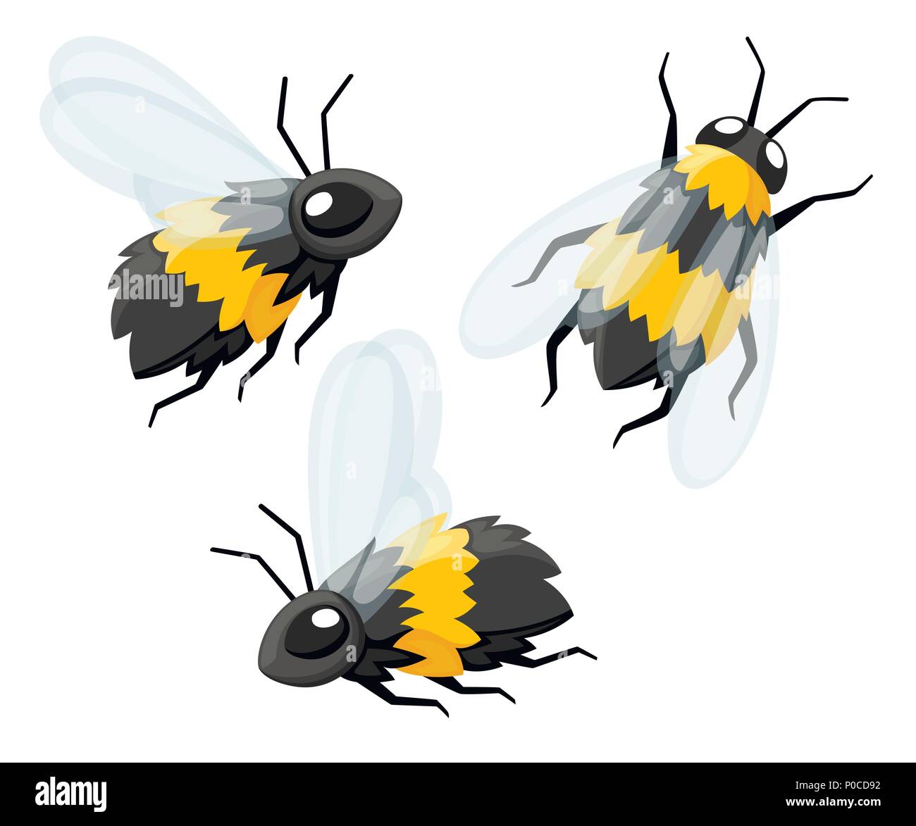 Sammlung von Cartoon drei süße Biene. Freundlich Bienen. Insekt wildlife Objekt fliegen. Flache Vector Illustration auf weißem Hintergrund. Stock Vektor