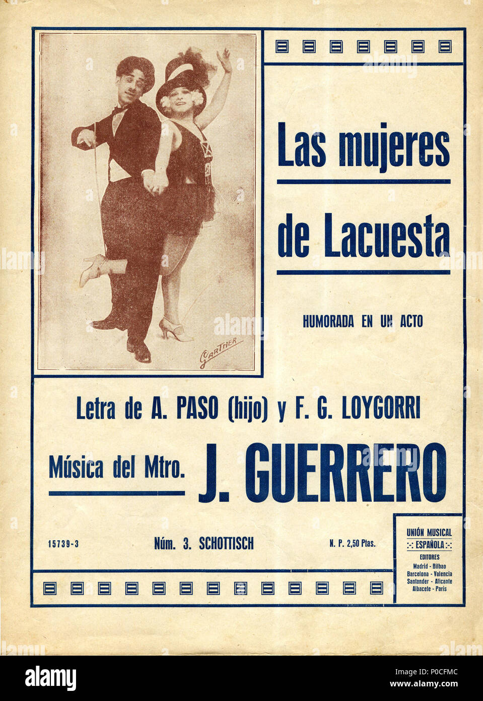 . Español: Portada de una Partitura de la Zarzuela las Mujeres de Lacuesta. Los libretistas fueron Antonio Juan Díaz y Francisco García Loygorri con Música de Jacinto Guerrero. Editado por la Unión Musical en 1926. . 1926. Unión Musical de Madrid 1 Zarzuela las Mujeres de Lacuesta lou Stockfoto