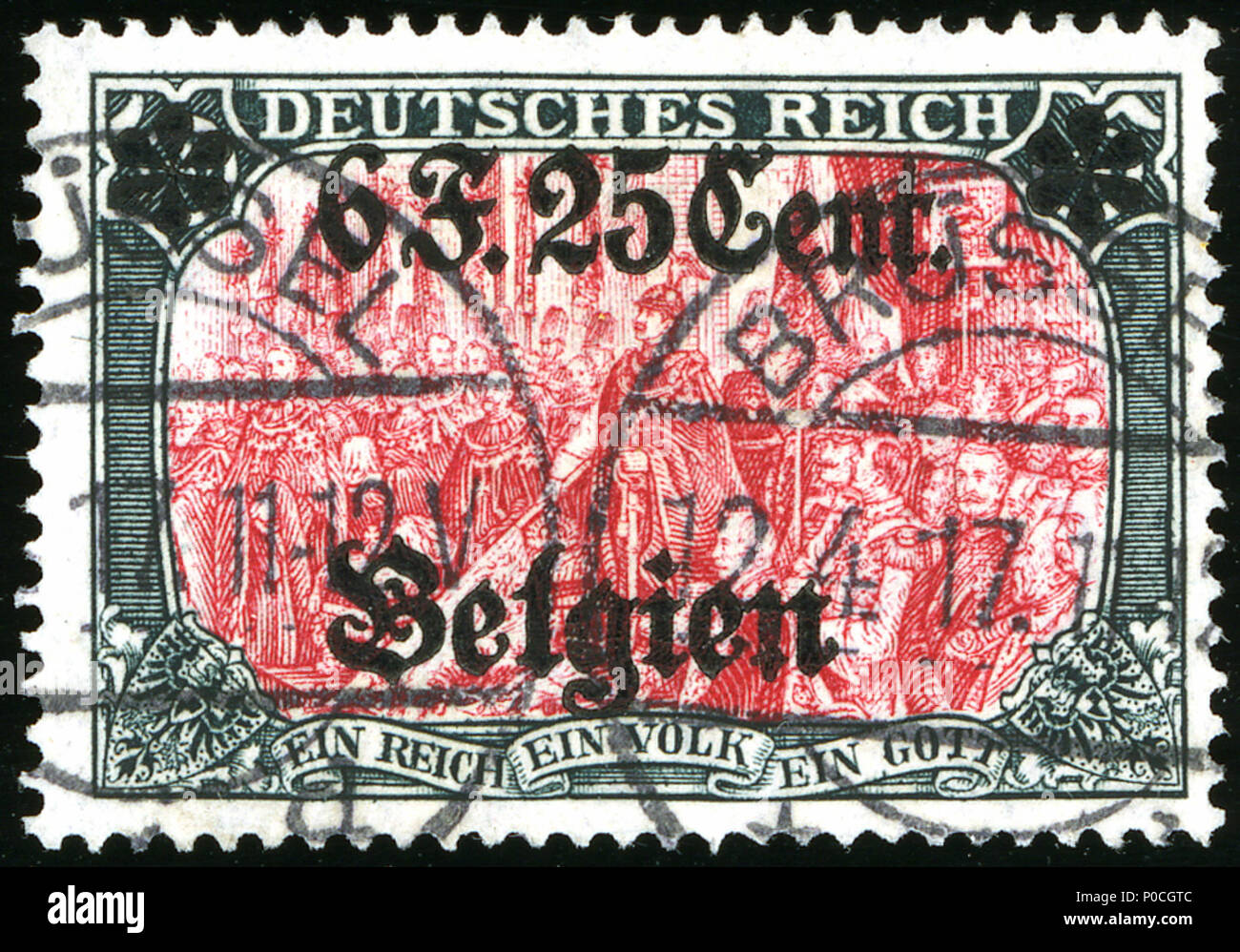 . Englisch: Überdrucken von einem Deutschen 5 Mk Stempel für den Einsatz im besetzten Belgien, 6 Fr 25 C, 1917 abgebrochen. Michel N° 25 I. Français: Timbre du Reich Surchargé 6 F. 25 pour l'Beruf en Belgique. COB OC 25. Oblitéré en 1917 (Émission du 9-2 1917). . 15 Juli 2014, 12:26:51. Jacquesverlaeken 1 1917 Belgien 6 F. 25 Cent. Mi 25 ICH Stockfoto