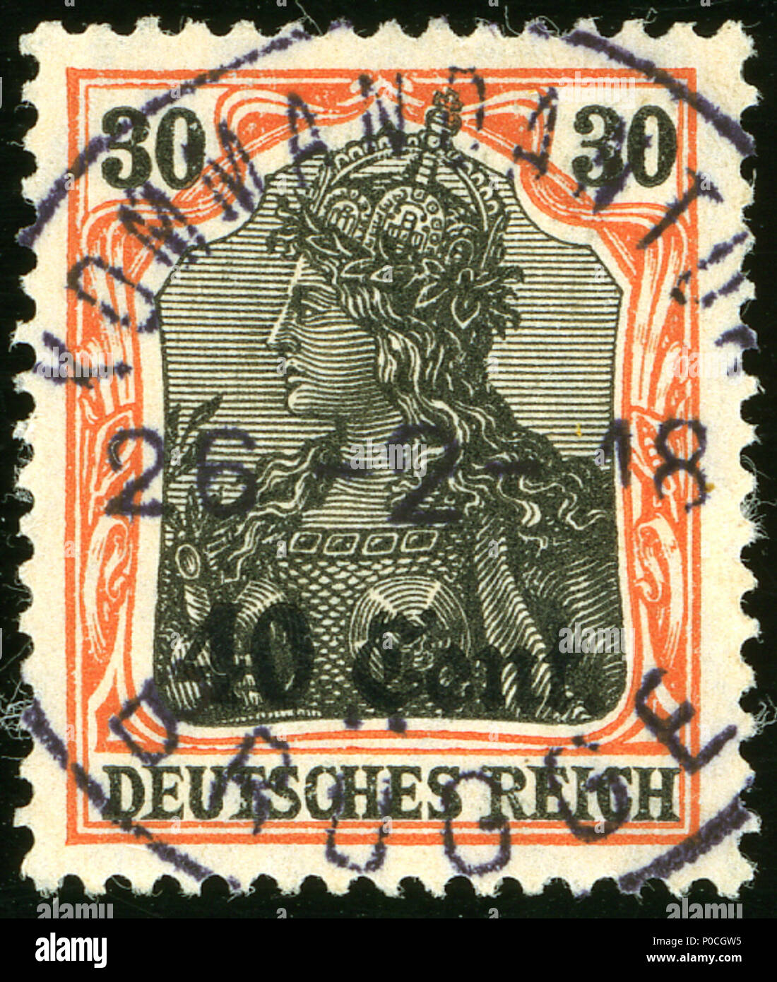 . Englisch: Überdrucken von einem deutschen Stempel 30 Pfennig für den Einsatz im besetzten Belgien, 40 Cent (IMES), in der kommandantur BRUGGE storniert am 26-2-1918. Michel Etappengebiet West N° 7. Français: Timbre du Reich Surchargé 40 Cent (IMES) pour l'Beruf en Belgique "Territoire de Etapes". Oblitéré le 26-2-18 à la KOMMANDANTUR de Brügge. COB OC32. . 15 Juli 2014, 12:26:51. Jacquesverlaeken 1 1918 West 40 Cent Brugge Mi 7. Stockfoto