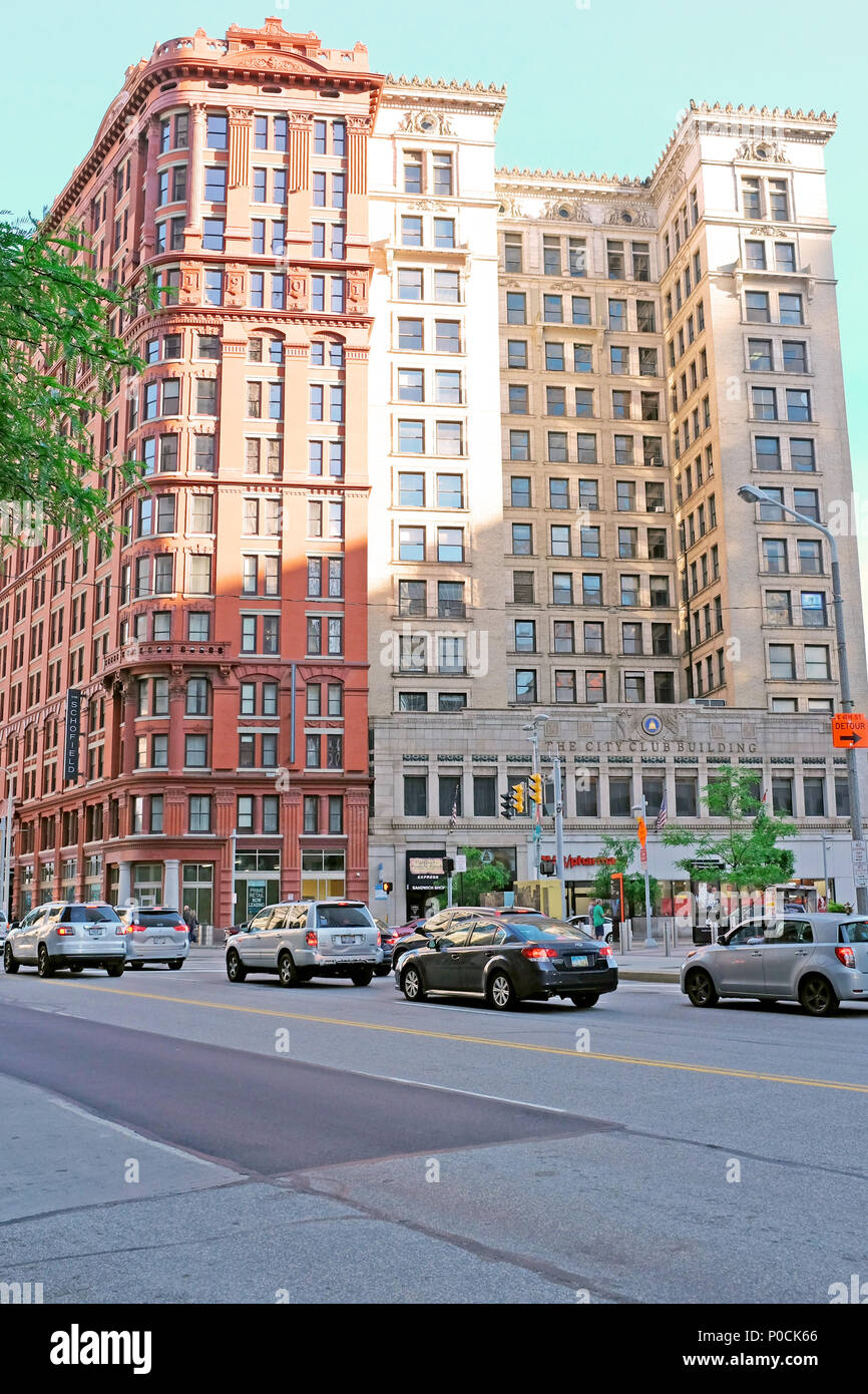 Kimpton Schofield Hotel und das City Club von Cleveland stand an der Ecke East 9. und Euclid Avenue in der Innenstadt von Cleveland, Ohio, USA. Stockfoto