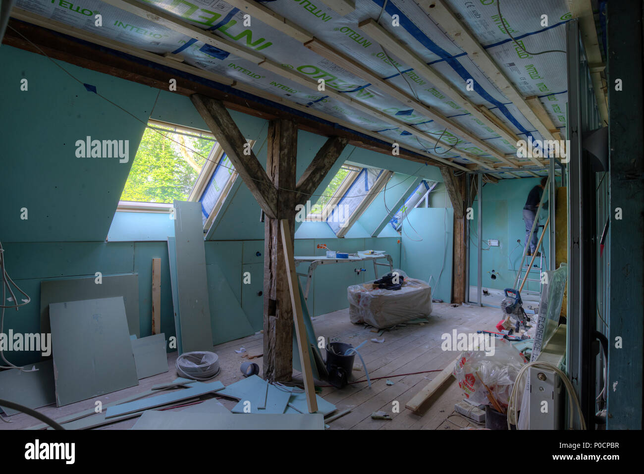 Erweiterung einer Dachwohnung in einem alten Haus, Mecklenburg-Vorpommern, Deutschland Stockfoto